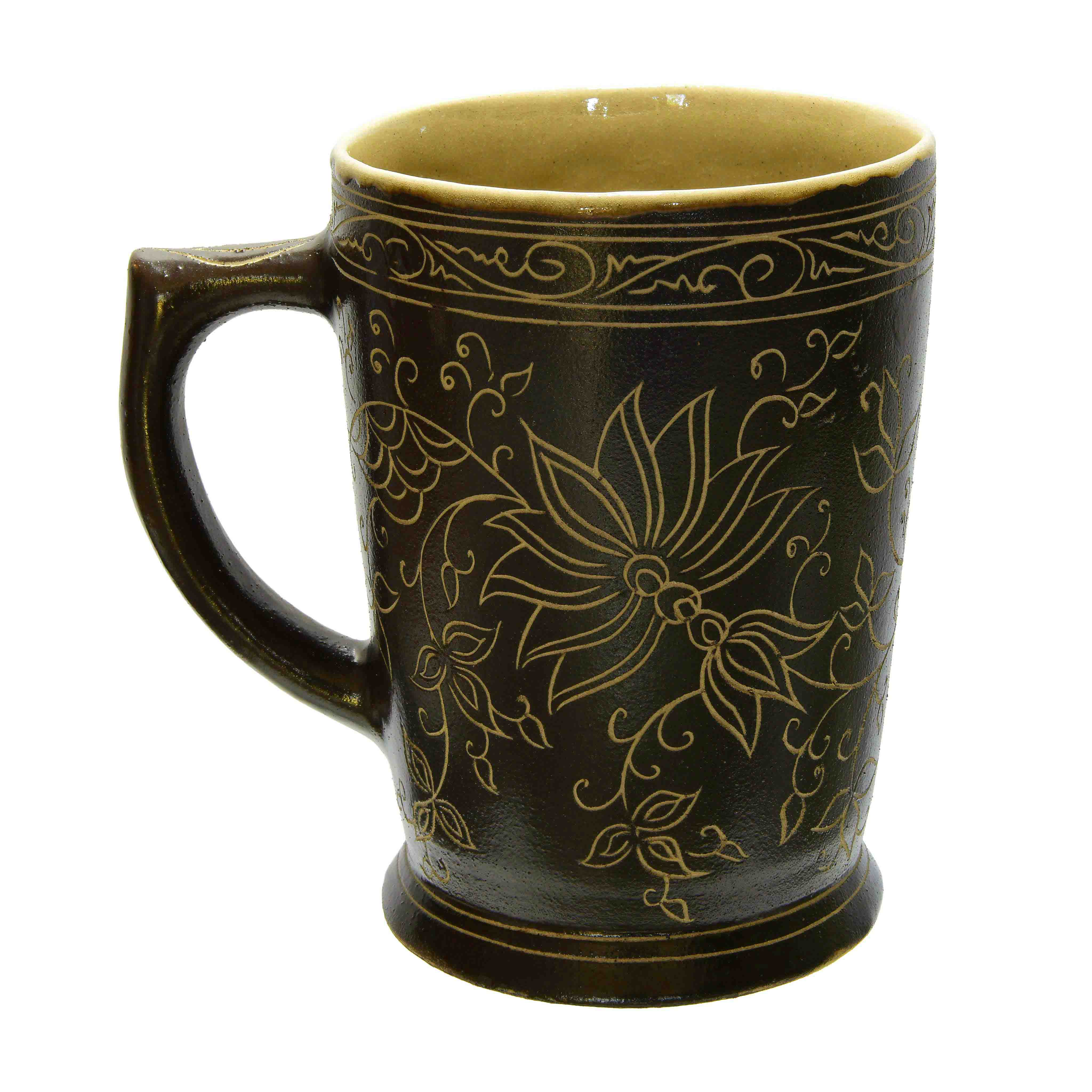 Handcrafted Wiang Kalong Dark Floral Mug with Gold Accents - Hand-Painted Lanna Ceramic from Chiang Mai Thailand - Lalanna Design