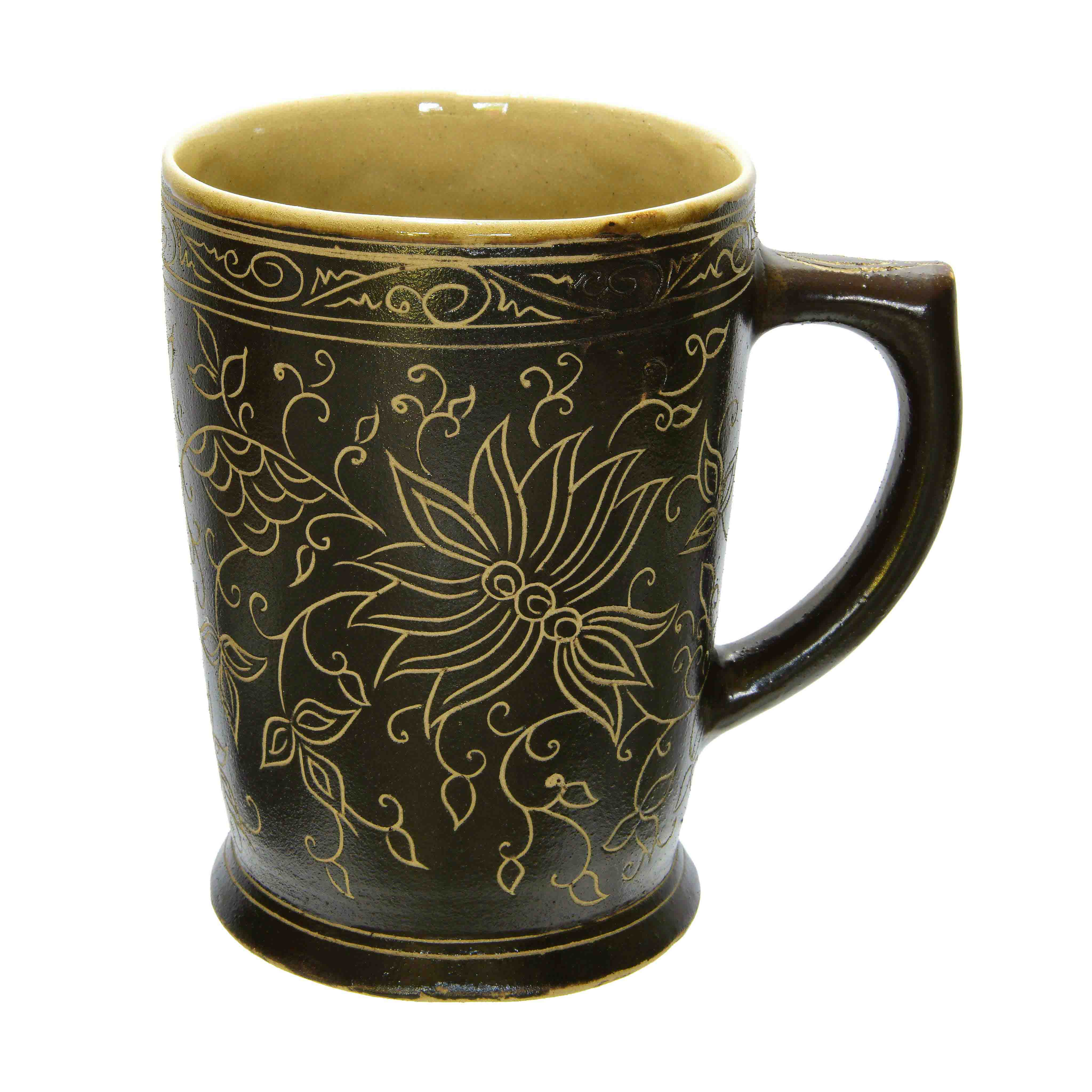 Handcrafted Wiang Kalong Dark Floral Mug with Gold Accents - Hand-Painted Lanna Ceramic from Chiang Mai Thailand - Lalanna Design