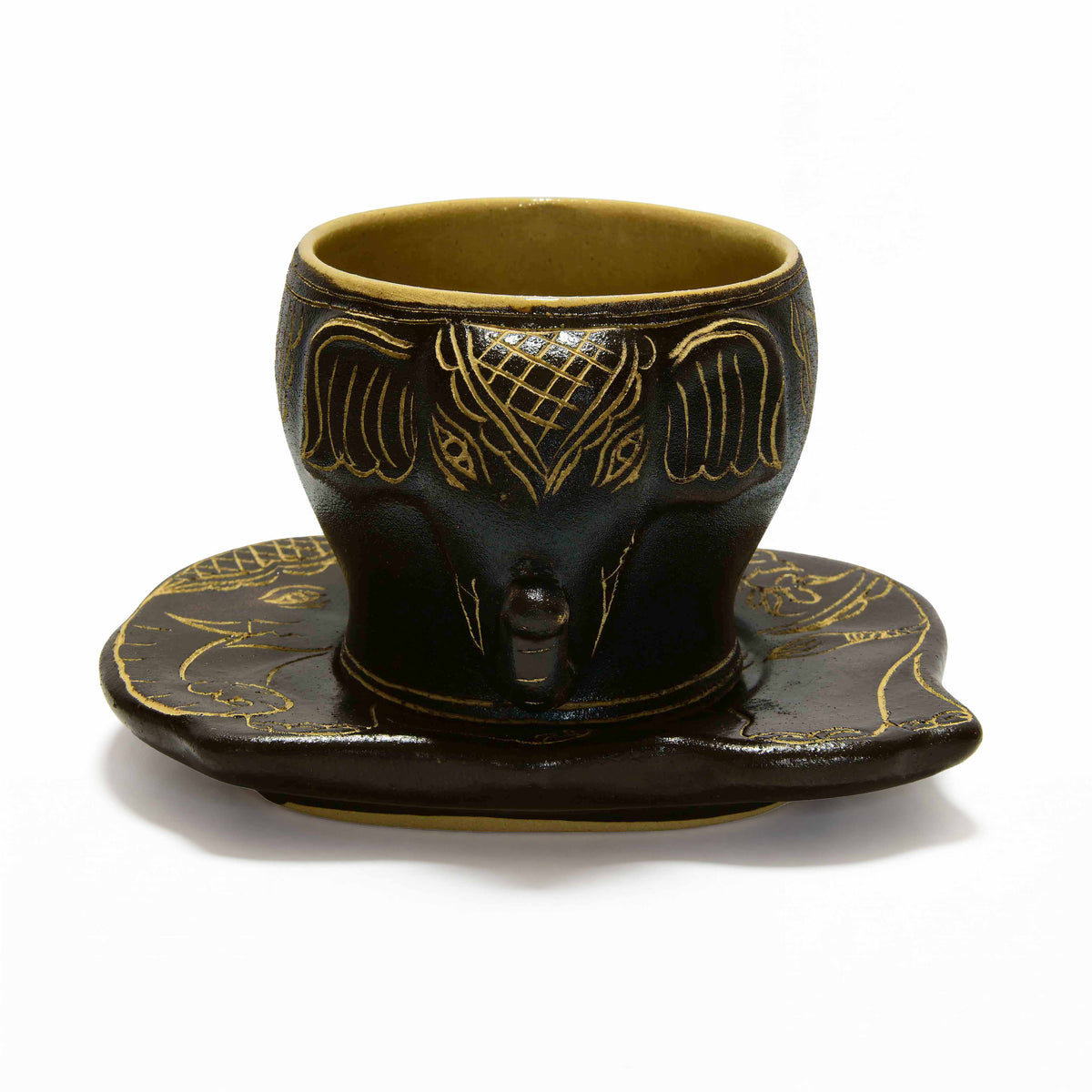 Handcrafted Wiang Kalong Elephant Cup & Saucer - Hand-Painted Black & Gold Lanna Ceramic from Chiang Mai Thailand - Lalanna Design