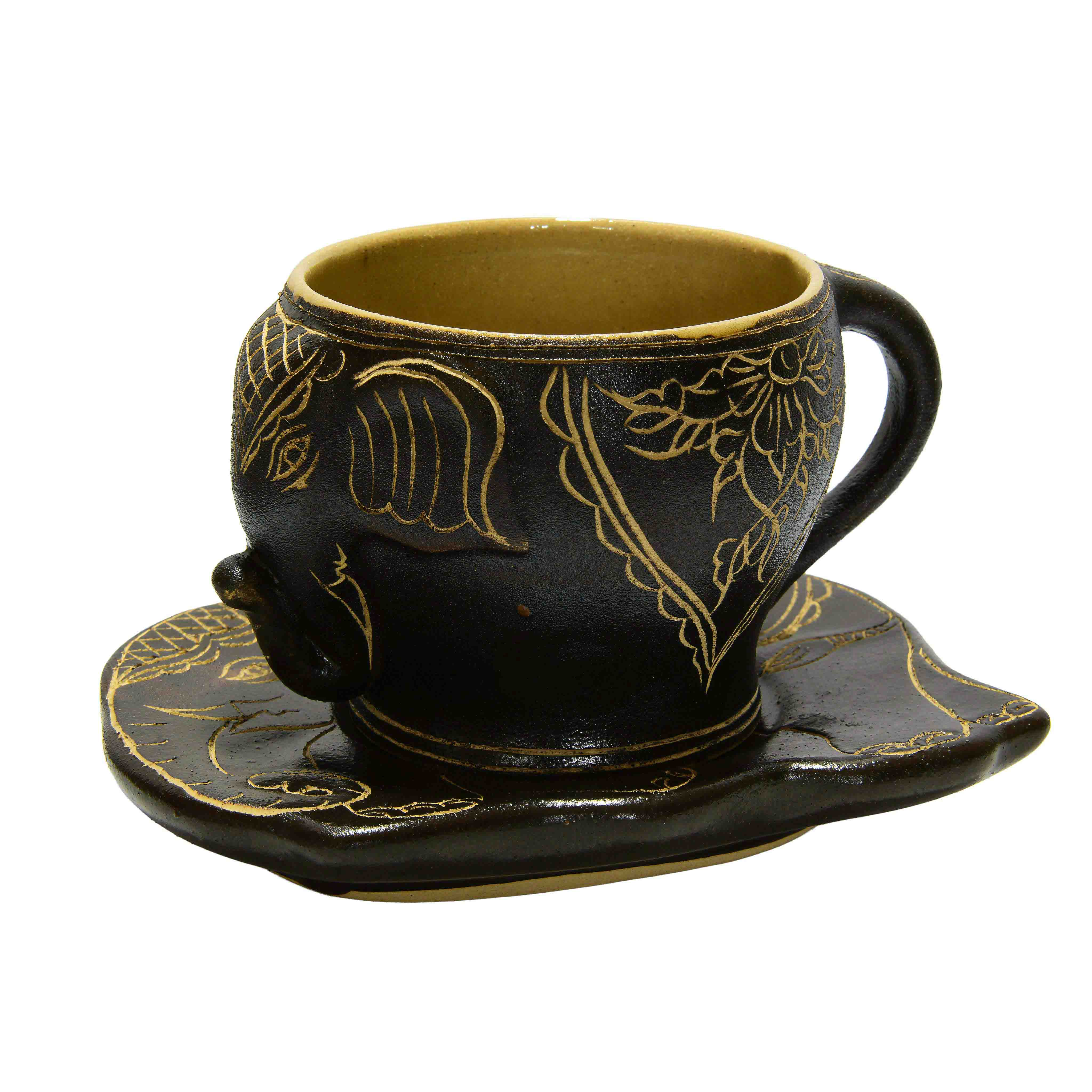 Handcrafted Wiang Kalong Elephant Cup & Saucer - Hand-Painted Black & Gold Lanna Ceramic from Chiang Mai Thailand - Lalanna Design