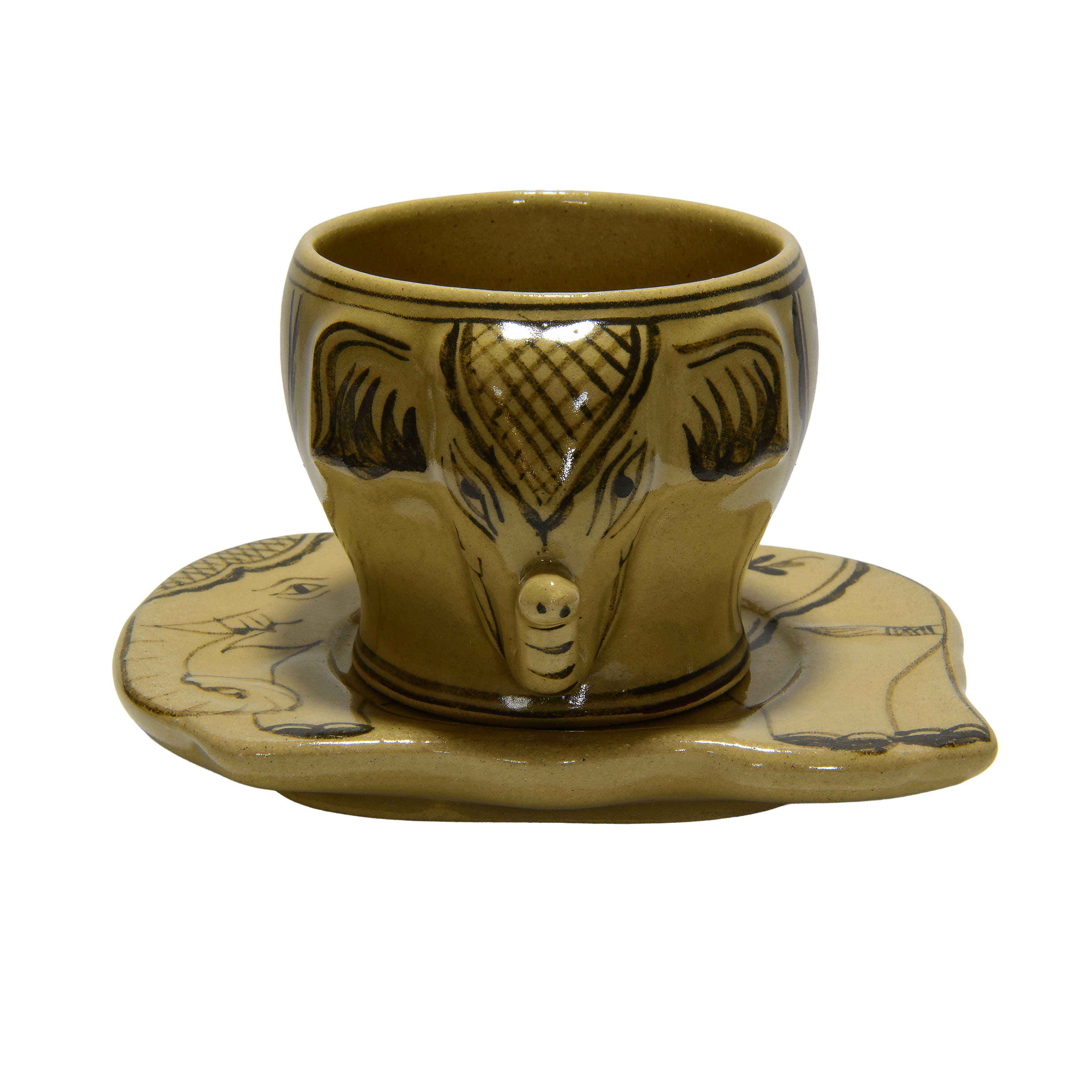 Handcrafted Wiang Kalong Elephant Cup & Saucer - Olive Green Hand-Painted Lanna Ceramic from Chiang Mai Thailand - Lalanna Design