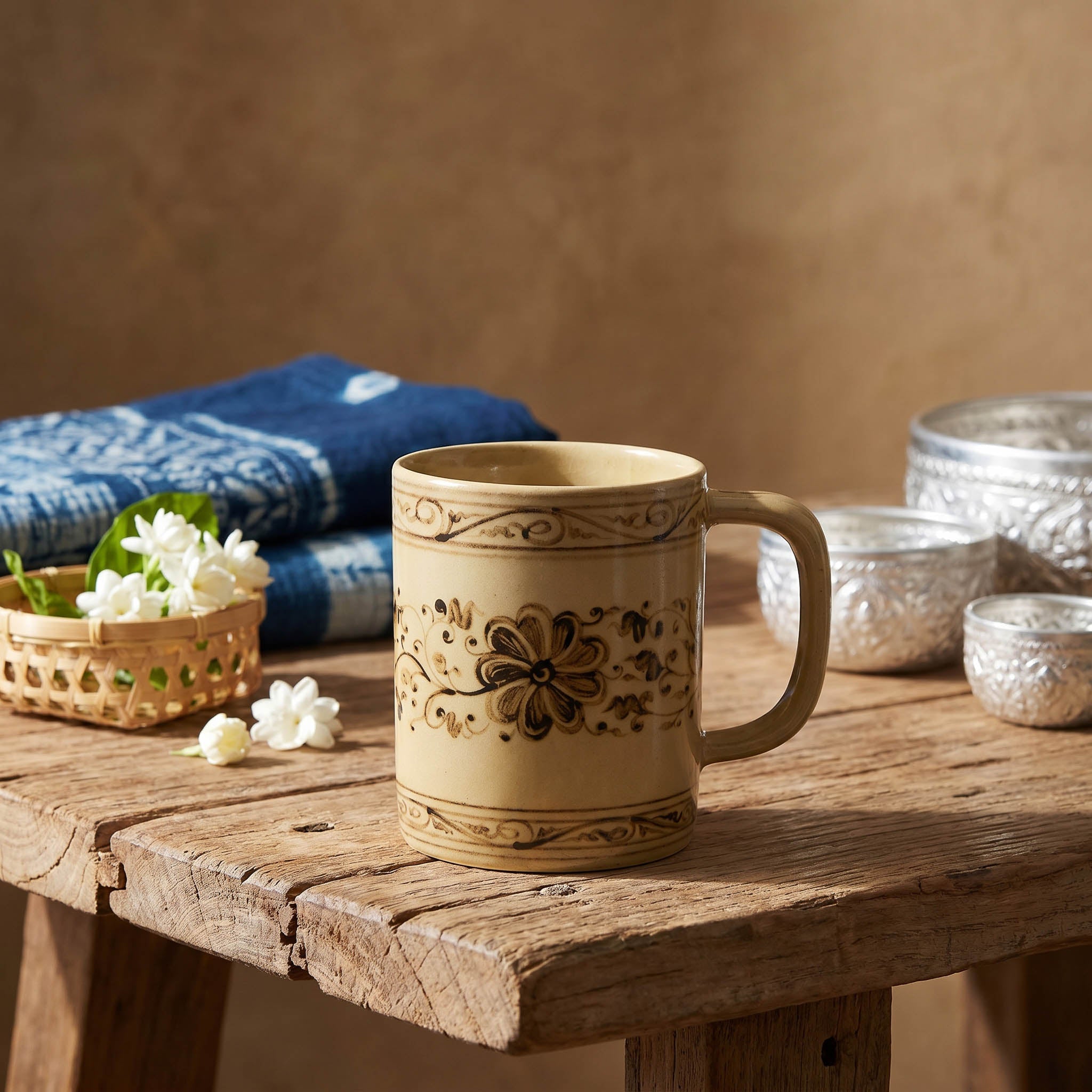 Handcrafted Wiang Kalong Flower Mug - Hand-Painted Lanna Ceramic from Chiang Mai Thailand - Lalanna Design
