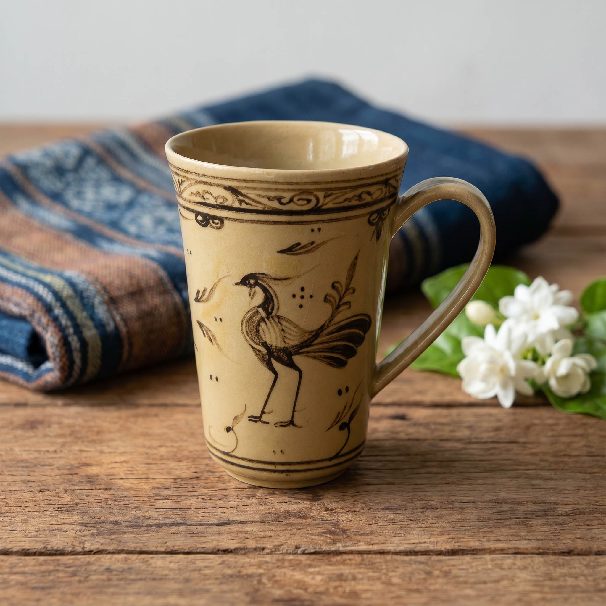 Handcrafted Wiang Kalong Peacock Mug - Hand-Painted Lanna Ceramic from Chiang Mai Thailand - Lalanna Design