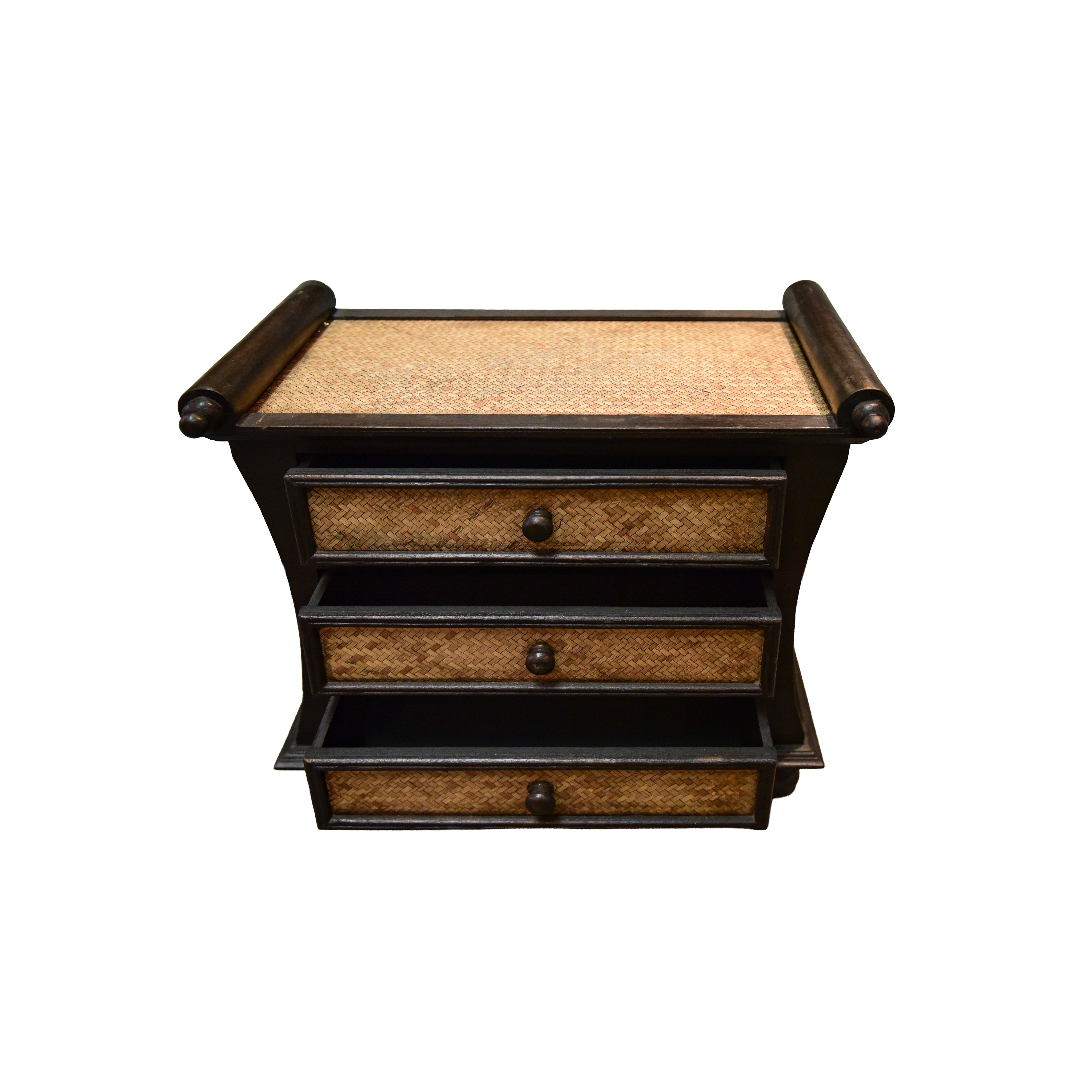 Commode 3 tiroirs en bois dur thaïlandais massif et bambou tressé avec accents enroulés