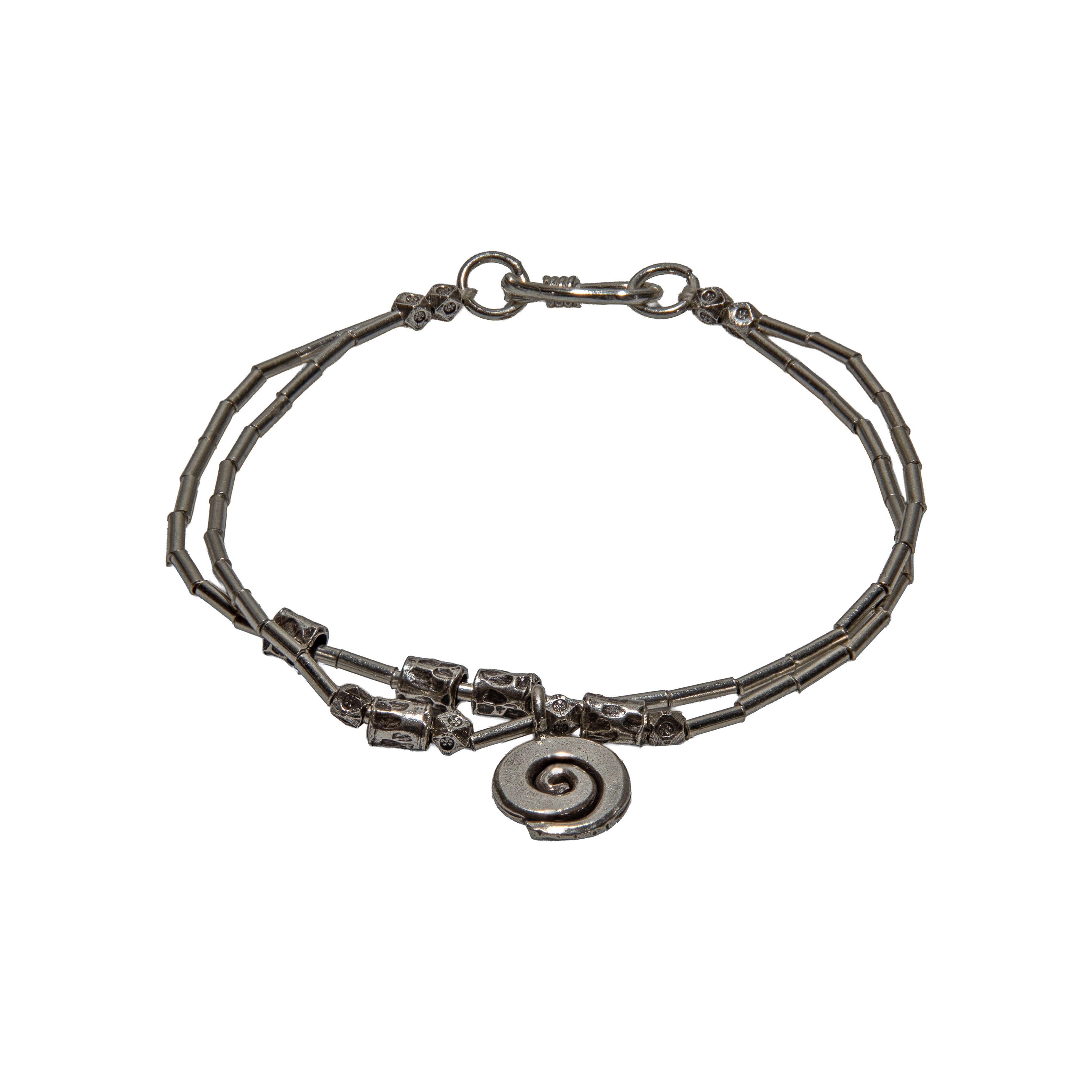 98% Fine Karen Hill Tribe Silver Double Strand Bracelet - Bamboo Beads with Spiral Charm, Handmade Jewelry