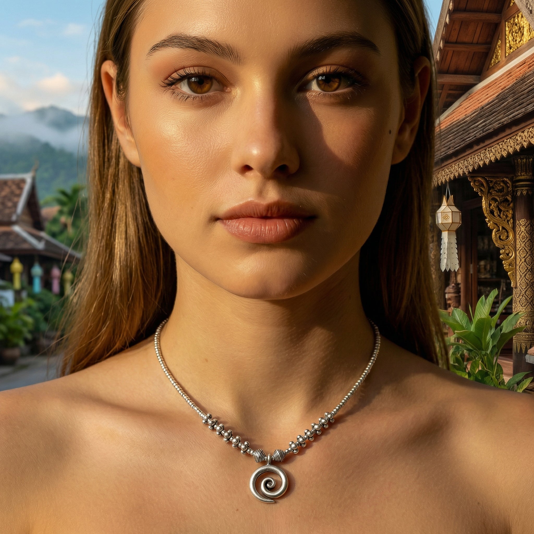 98% Fine Karen Hill Tribe Silver Beaded Necklace with Spiral Pendant, Handmade Jewelry