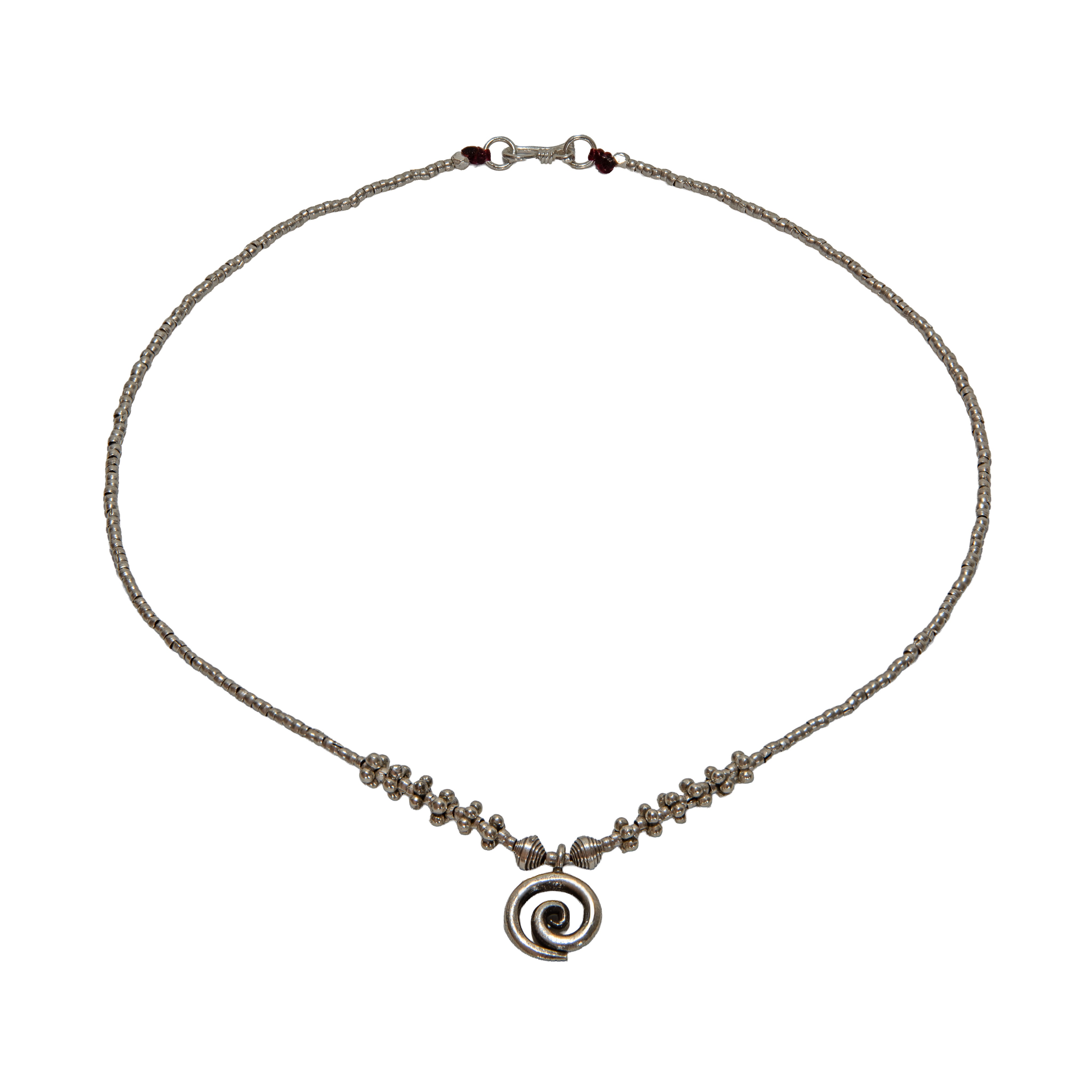 98% Fine Karen Hill Tribe Silver Beaded Necklace with Spiral Pendant, Handmade Jewelry