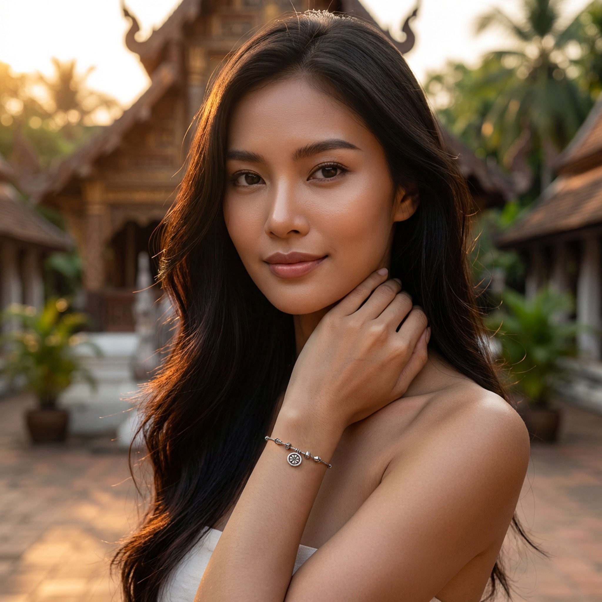 98% Fine Karen Hill Tribe Silver Beaded Bracelet - Floral Medallion Charm, Handmade Jewelry