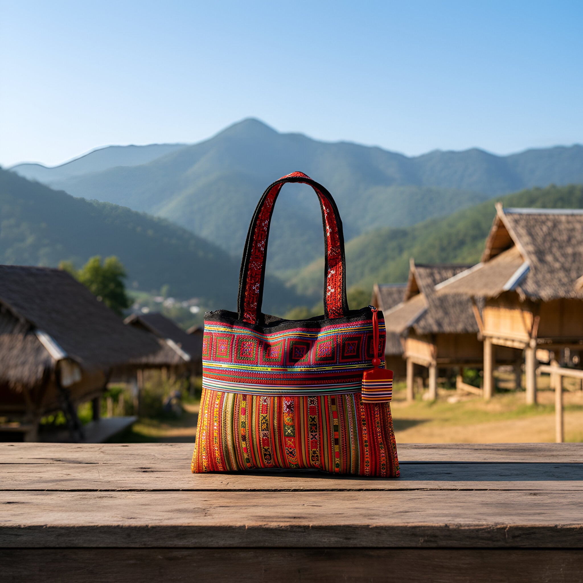 Sac bandoulière en tissu brodé à la main, motif tribu montagnarde et rayures horizontales