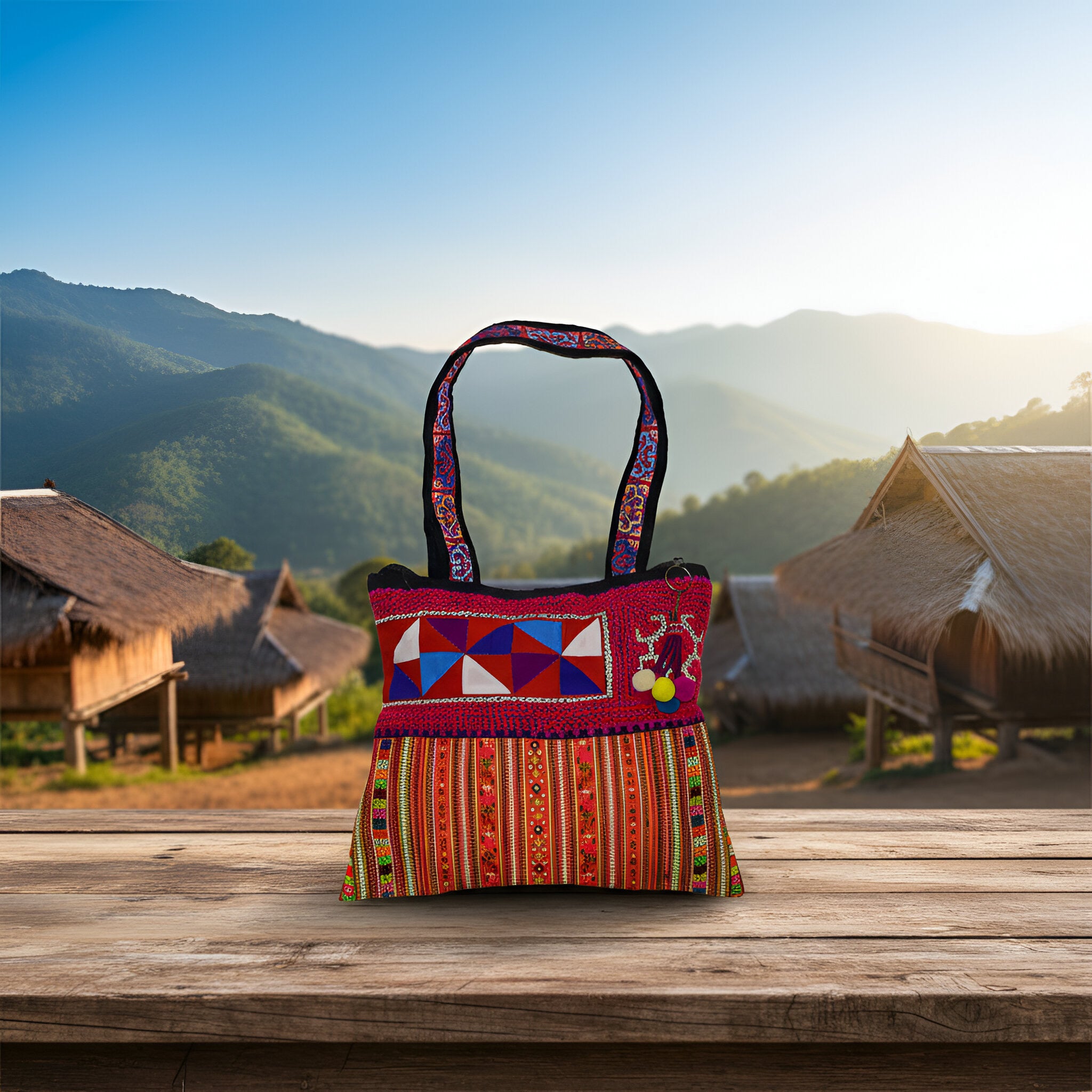 Handbestickte Schultertasche aus Stoff der Bergvölker mit übereinanderliegenden geometrischen Dreiecken