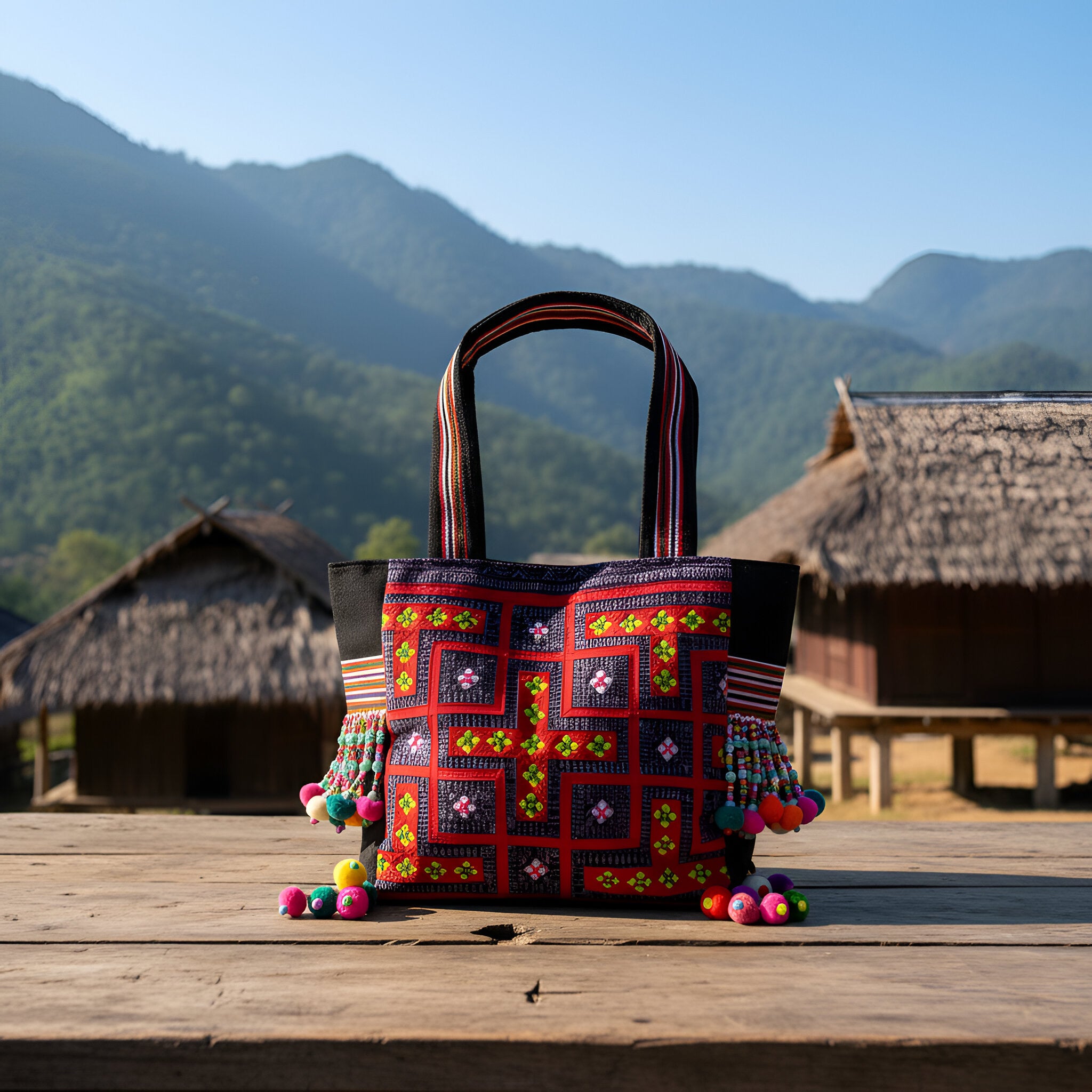 Handbestickte Schultertasche aus Stoff der Bergvölker mit Pompons und Perlenquasten