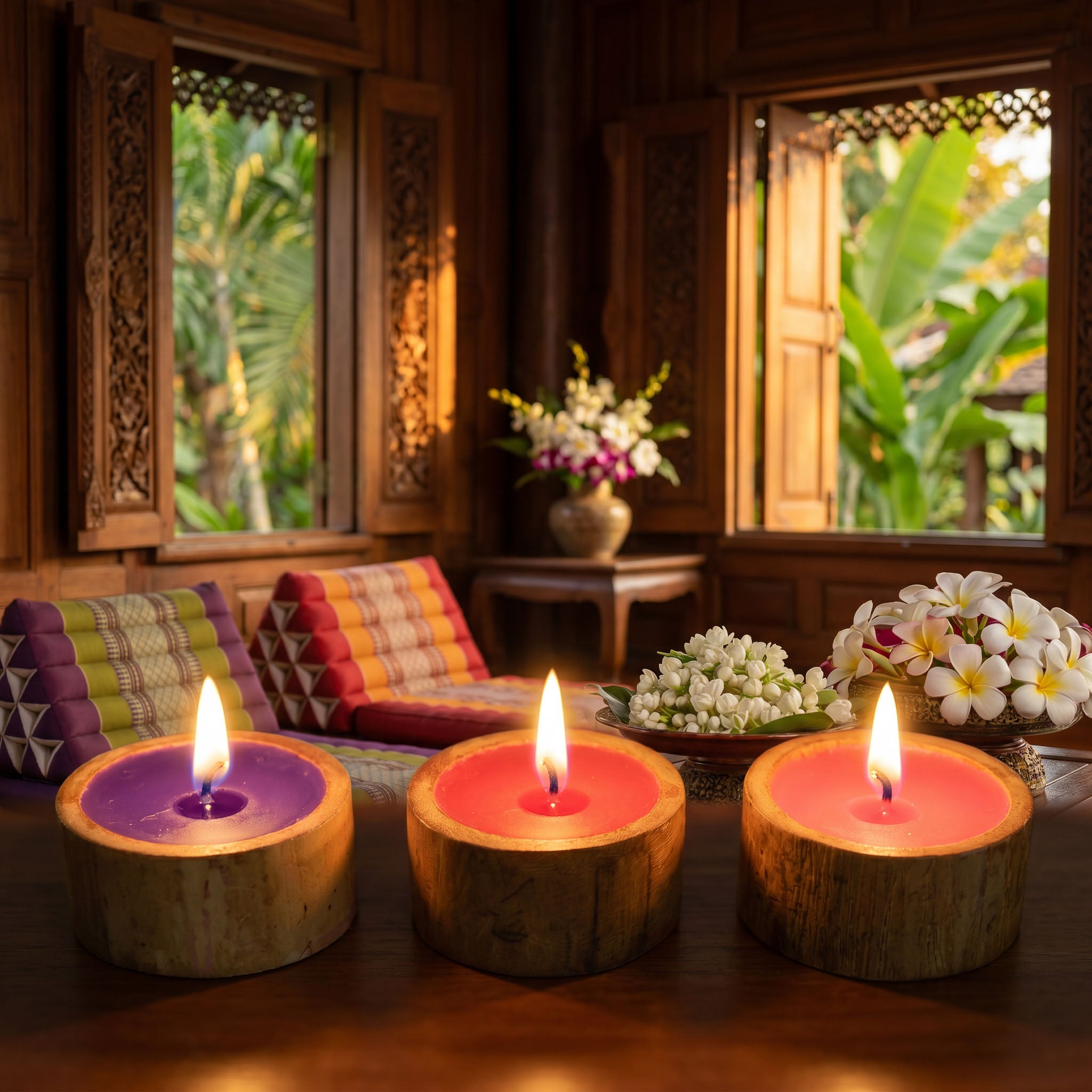 Handgefertigte Bambus-Teelichter 3er-Set – Orchidee – Rose – Lavendel