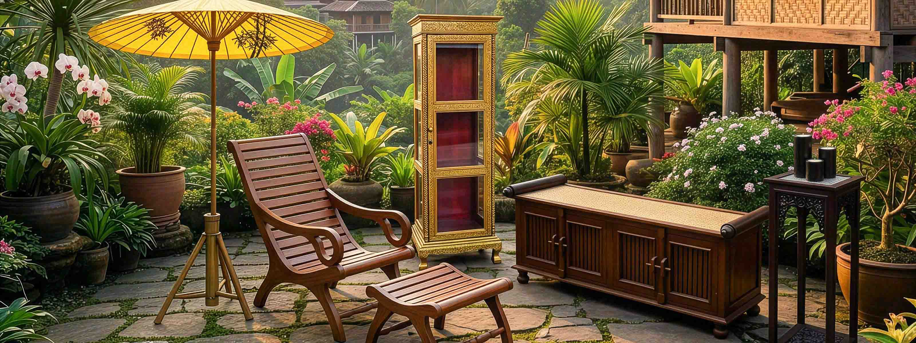 Outdoor patio setting with wooden furniture, umbrella, and potted plants in a garden.