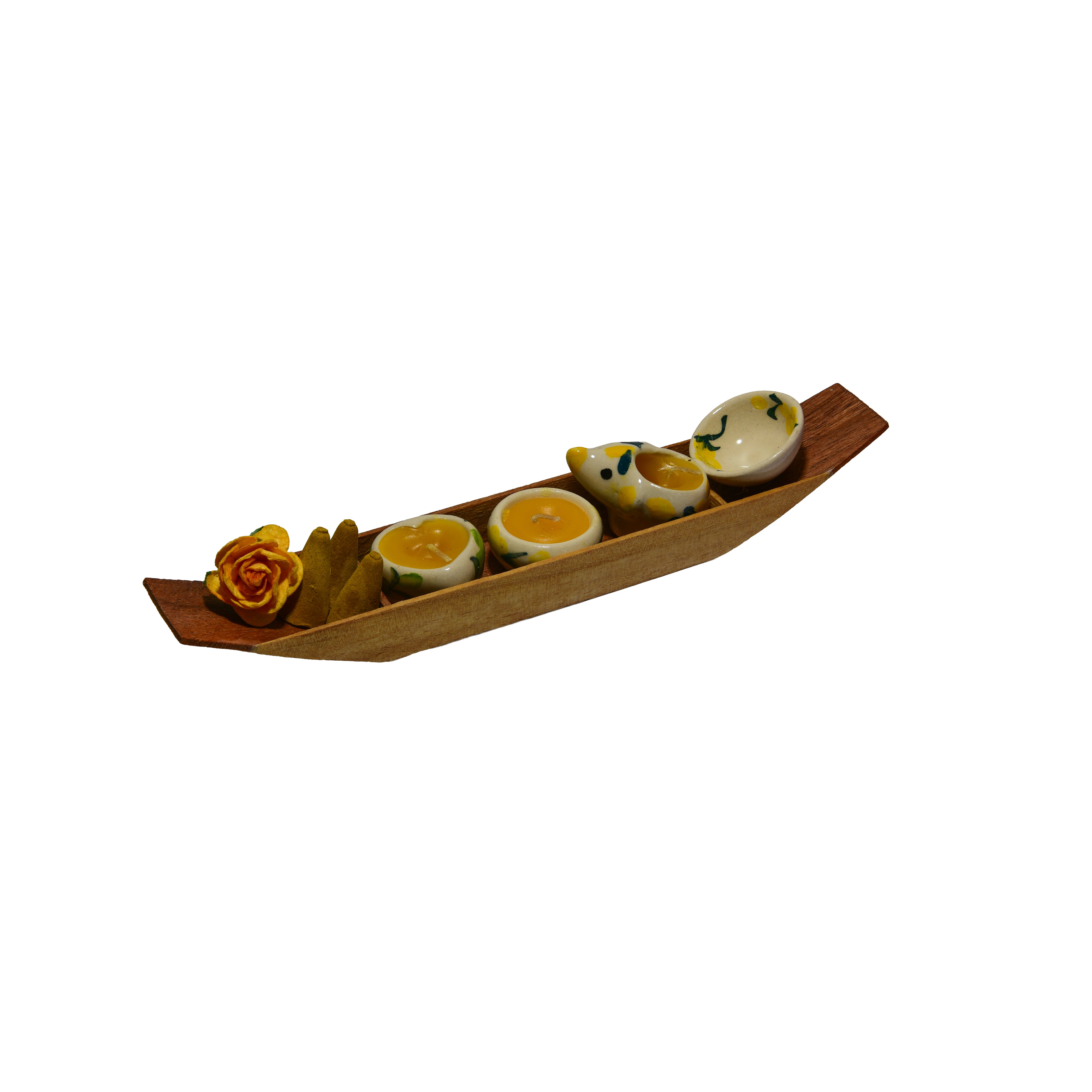 Lalanna Wooden Boat Jasmine Incense and Candle Holder