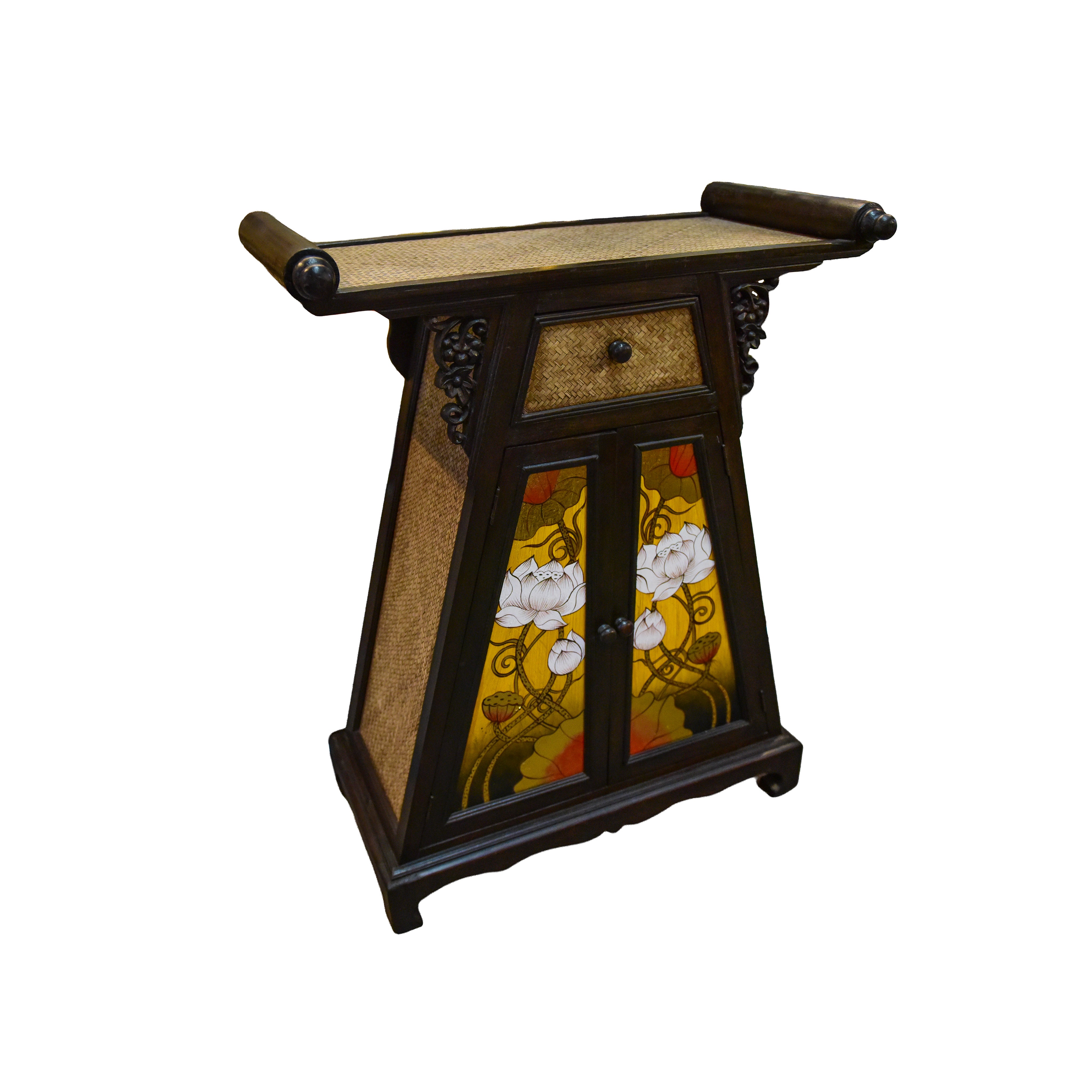 Cabinet in Solid Thai Hardwood with Hand-Painted Panels and Woven Bamboo