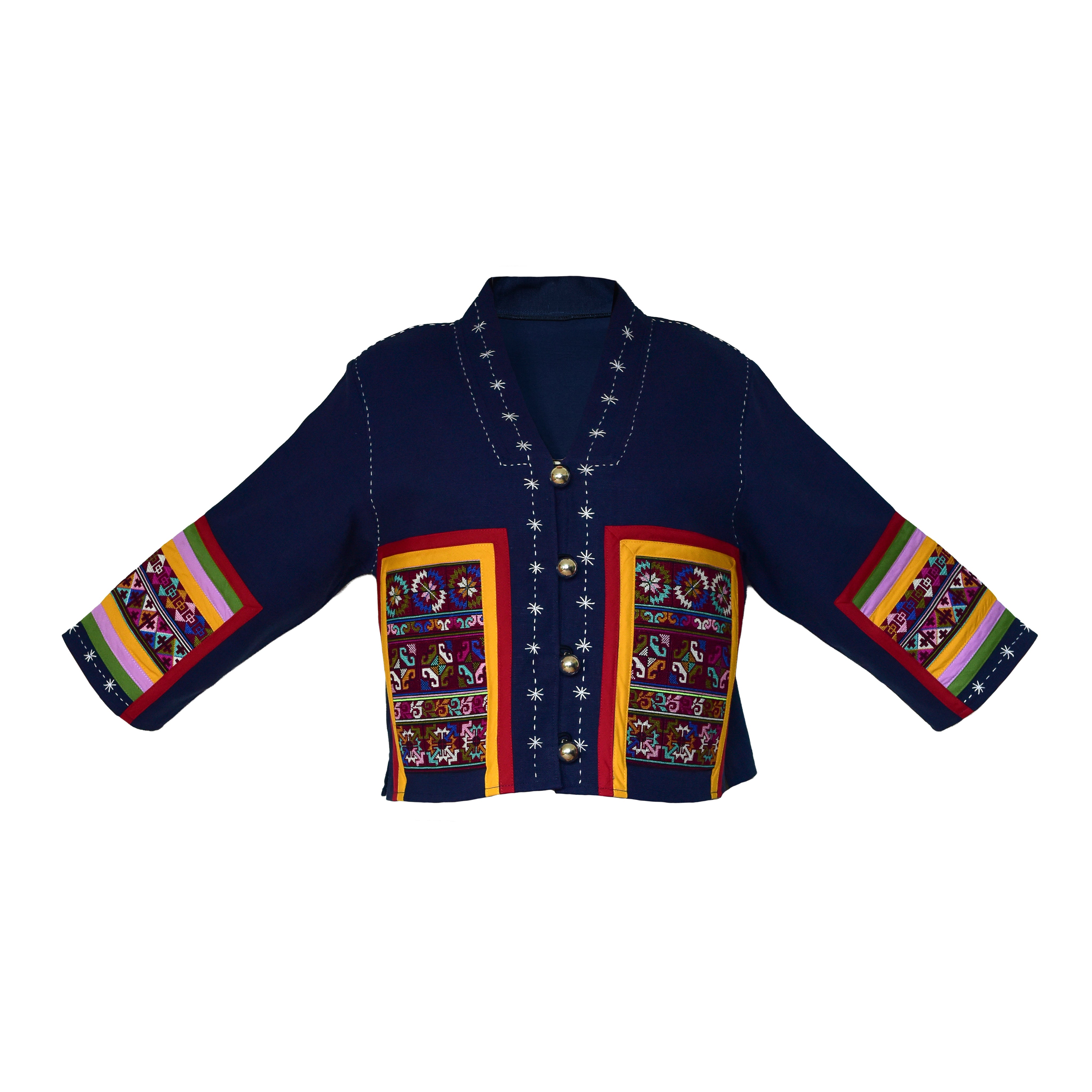 Modern-Style Hmong Hemp Button Jacket Embroidered Navy Blue