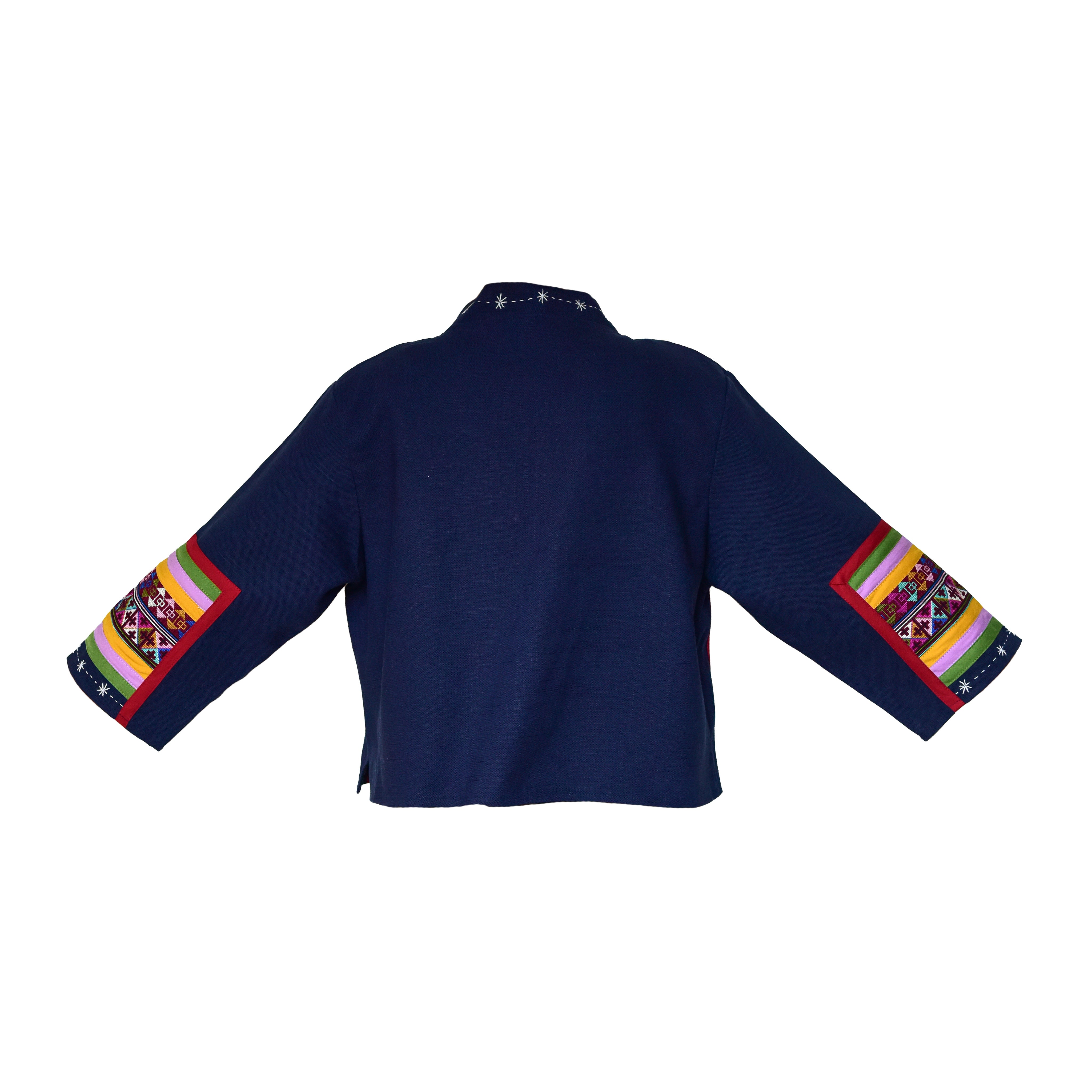 Modern-Style Hmong Hemp Button Jacket Embroidered Navy Blue