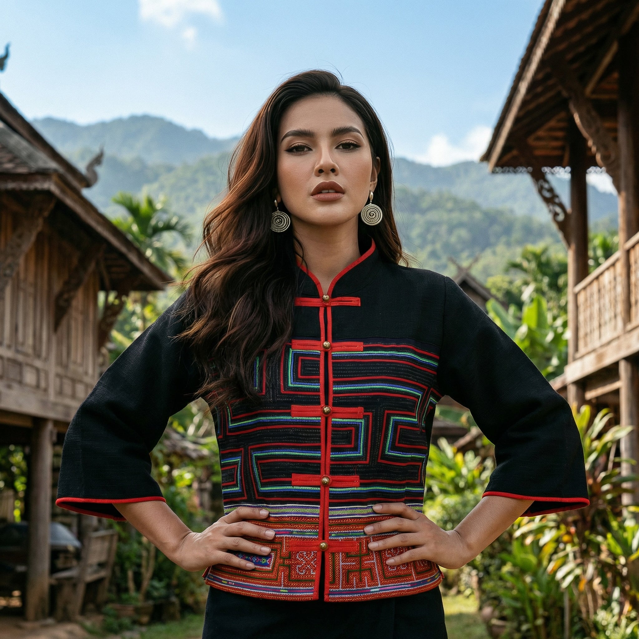 Moderne Hmong-Hanfjacke mit Knöpfen, handbestickt, schwarz