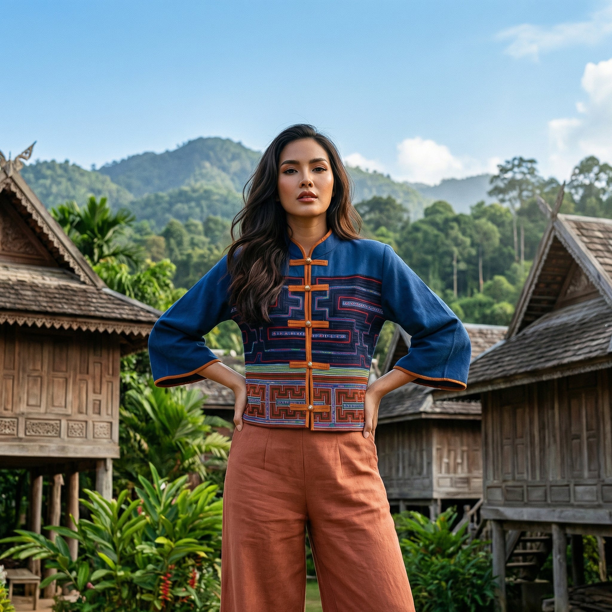 Moderne Hmong-Hanfjacke Handbestickt Dunkelblau