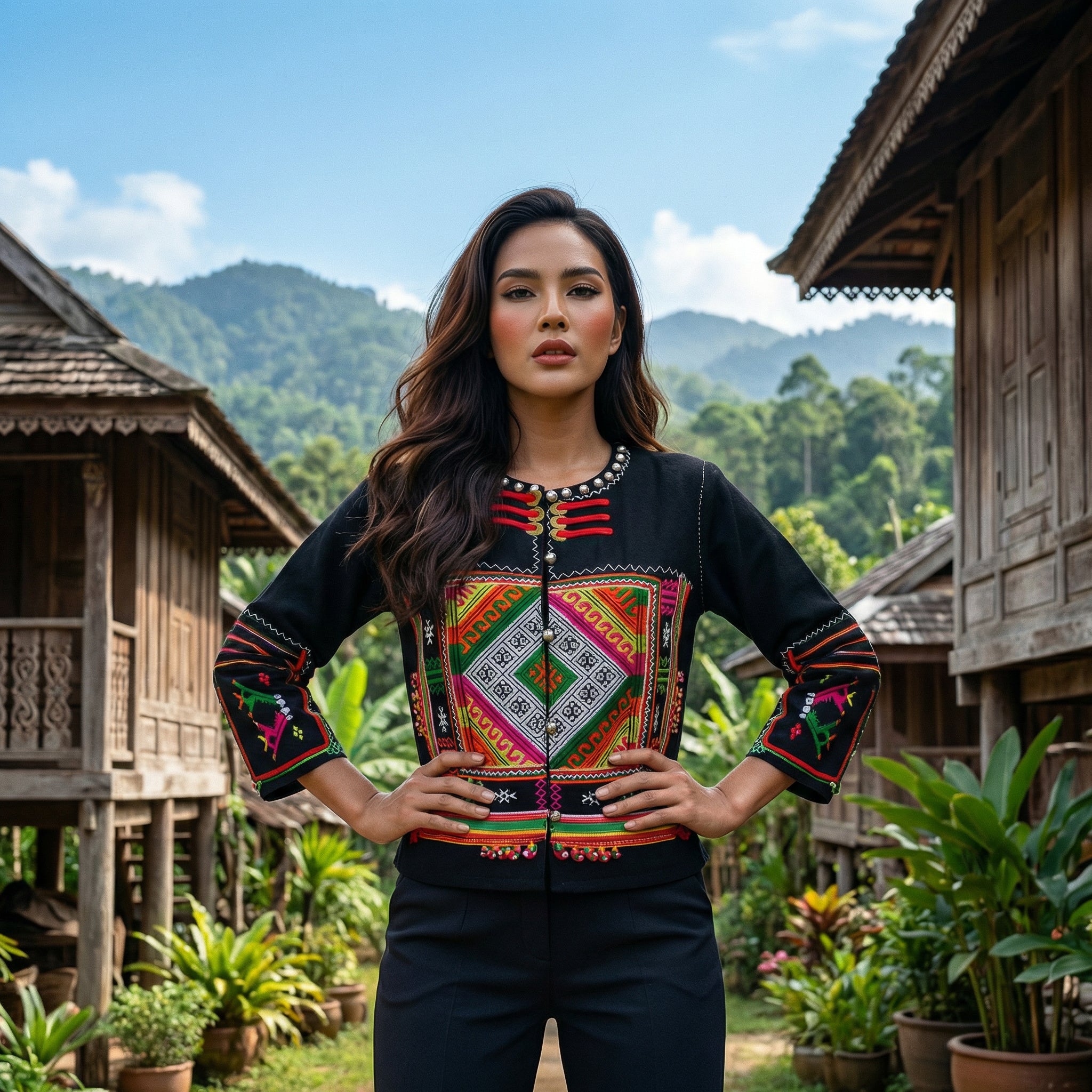Moderne Hmong-Hanfjacke, schwarz mit besticktem Paneel und passenden Ärmelbündchen