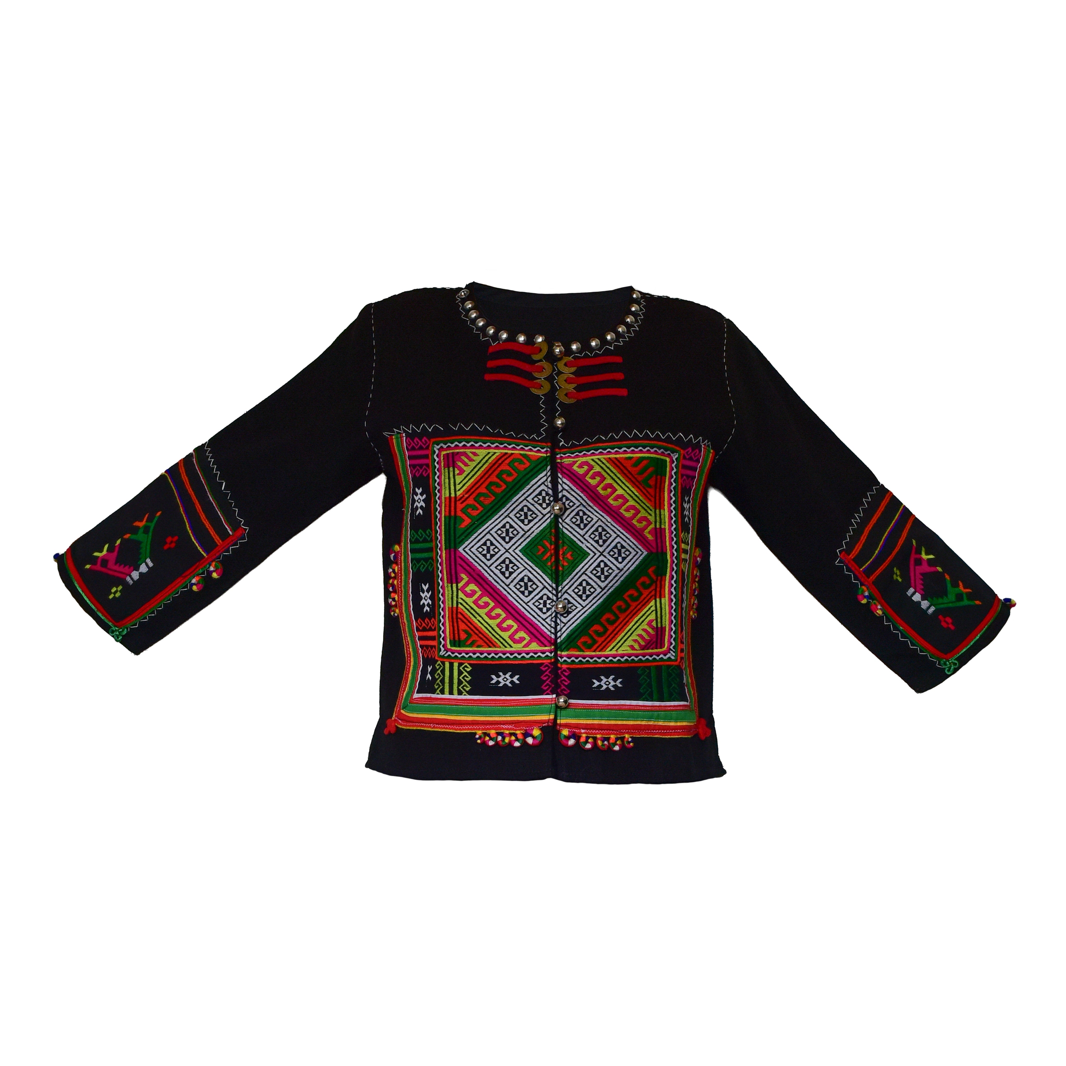 Moderne Hmong-Hanfjacke, schwarz mit besticktem Paneel und passenden Ärmelbündchen