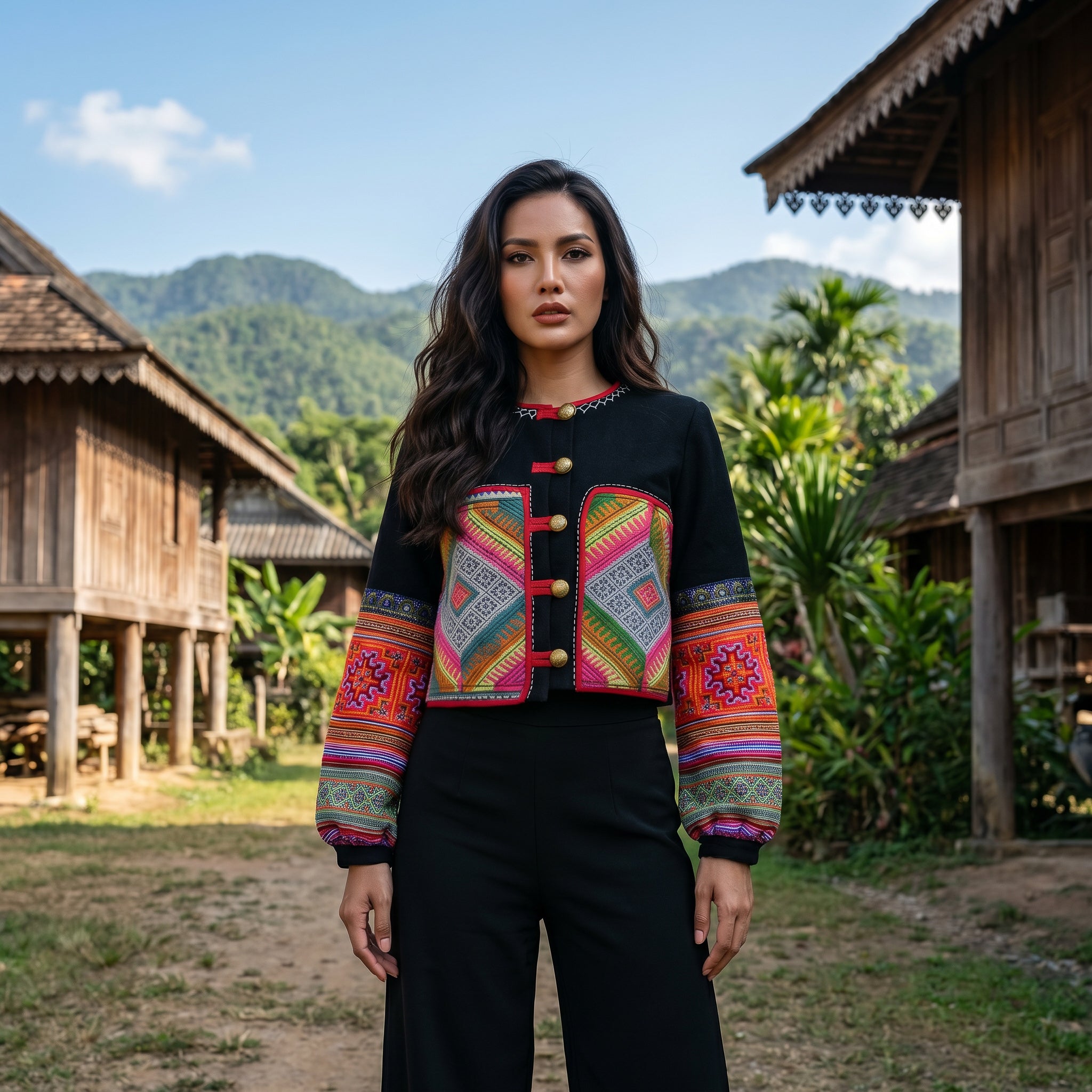 Veste Hmong en chanvre, style moderne, noire avec broderies tribales élaborées sur le devant et les manches