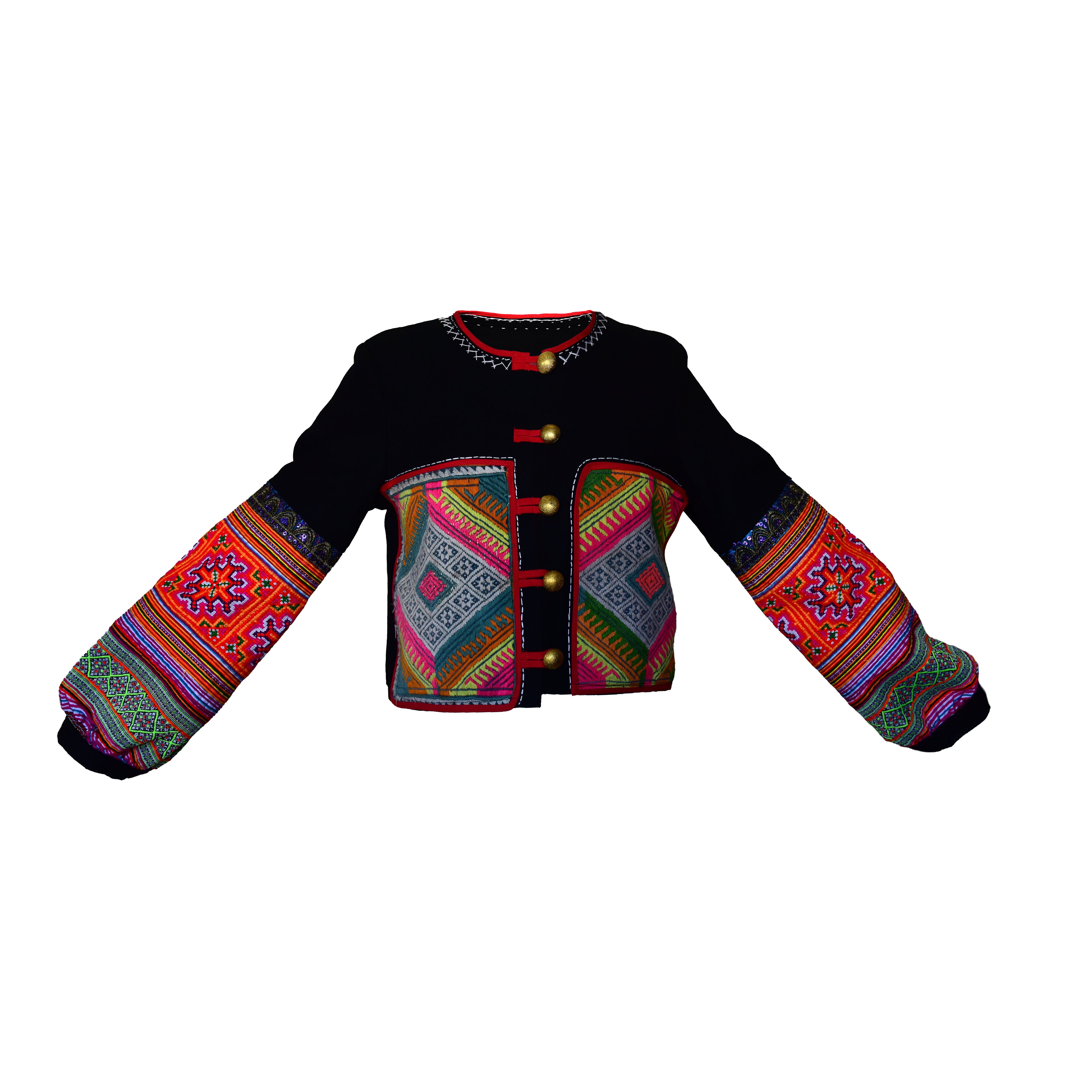 Veste Hmong en chanvre, style moderne, noire avec broderies tribales élaborées sur le devant et les manches