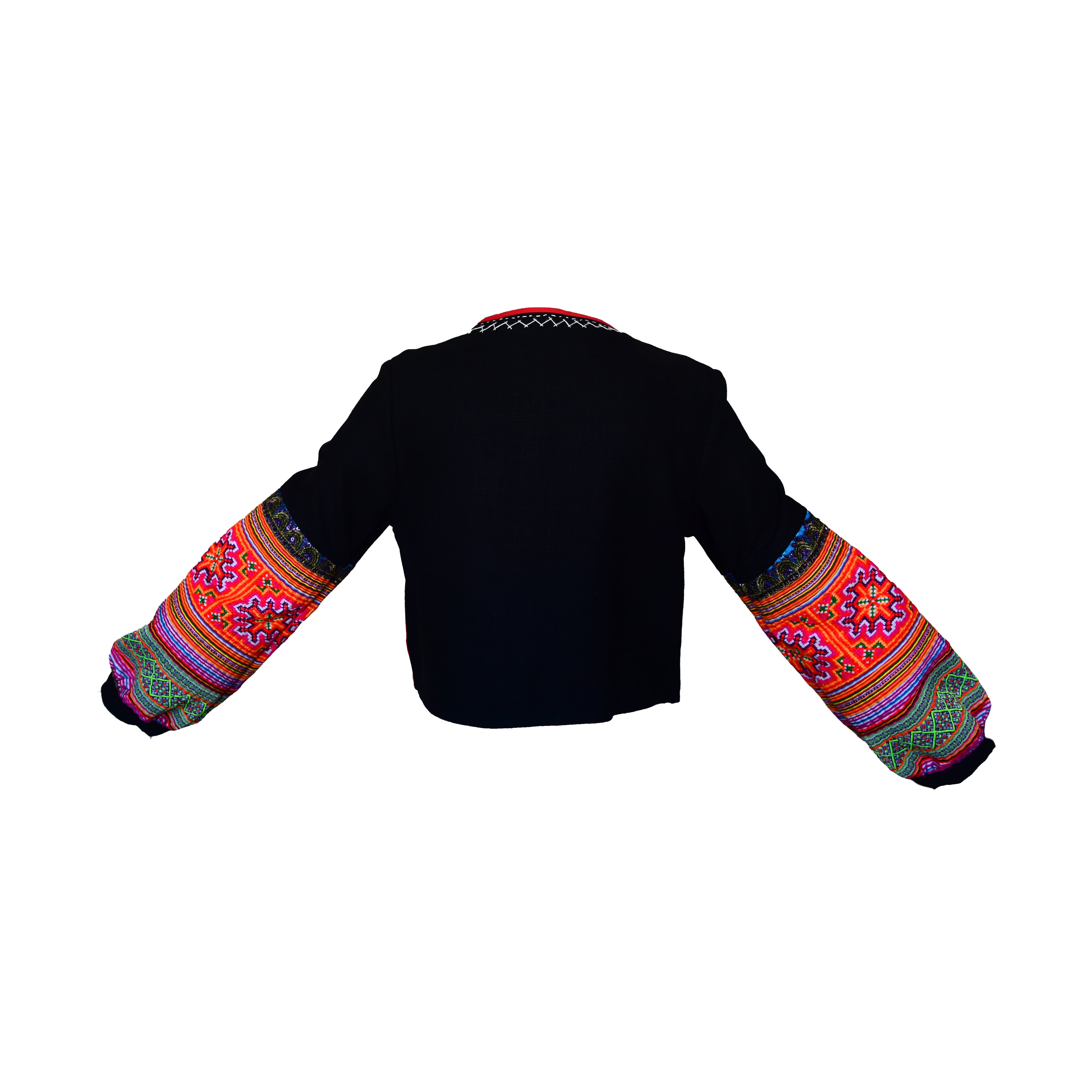 Veste Hmong en chanvre, style moderne, noire avec broderies tribales élaborées sur le devant et les manches