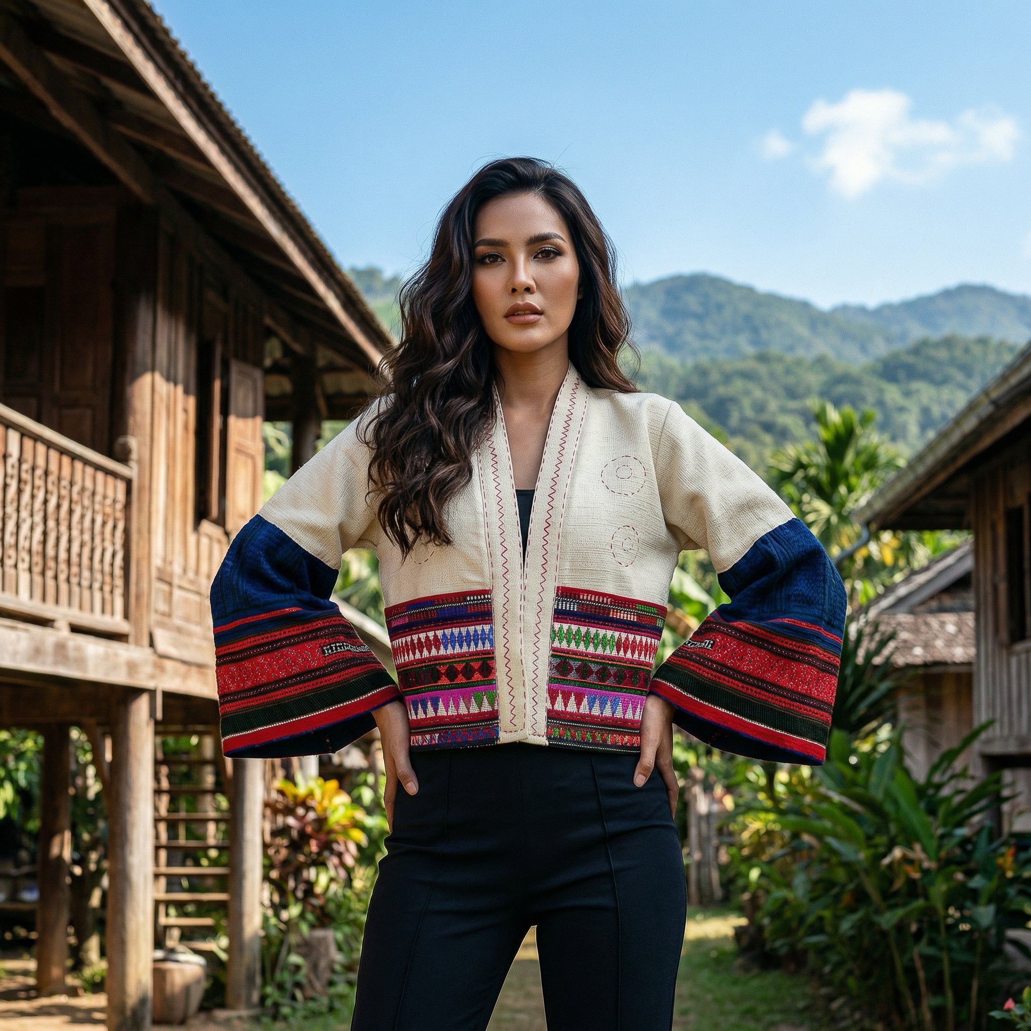 Moderne Hmong-Hanfjacke, handbestickt, beige