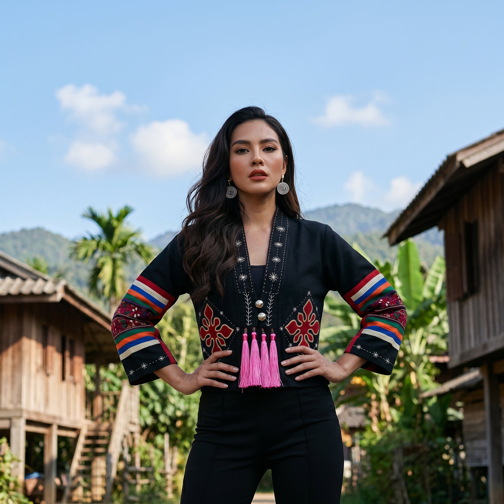 Moderne Hmong-Hanfjacke, handbestickt, schwarz