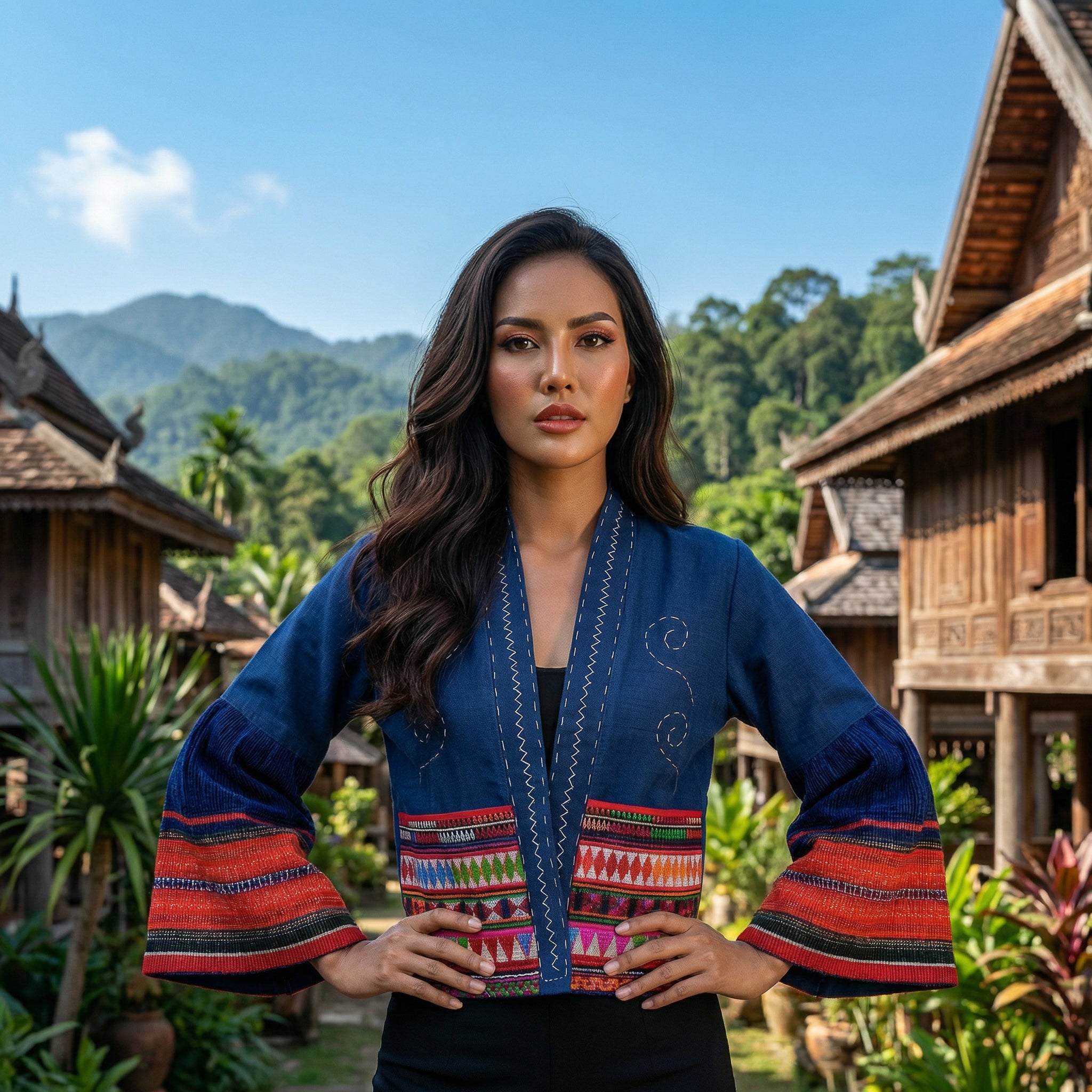 Moderne Hmong-Hanfjacke, handbestickt, dunkelblau