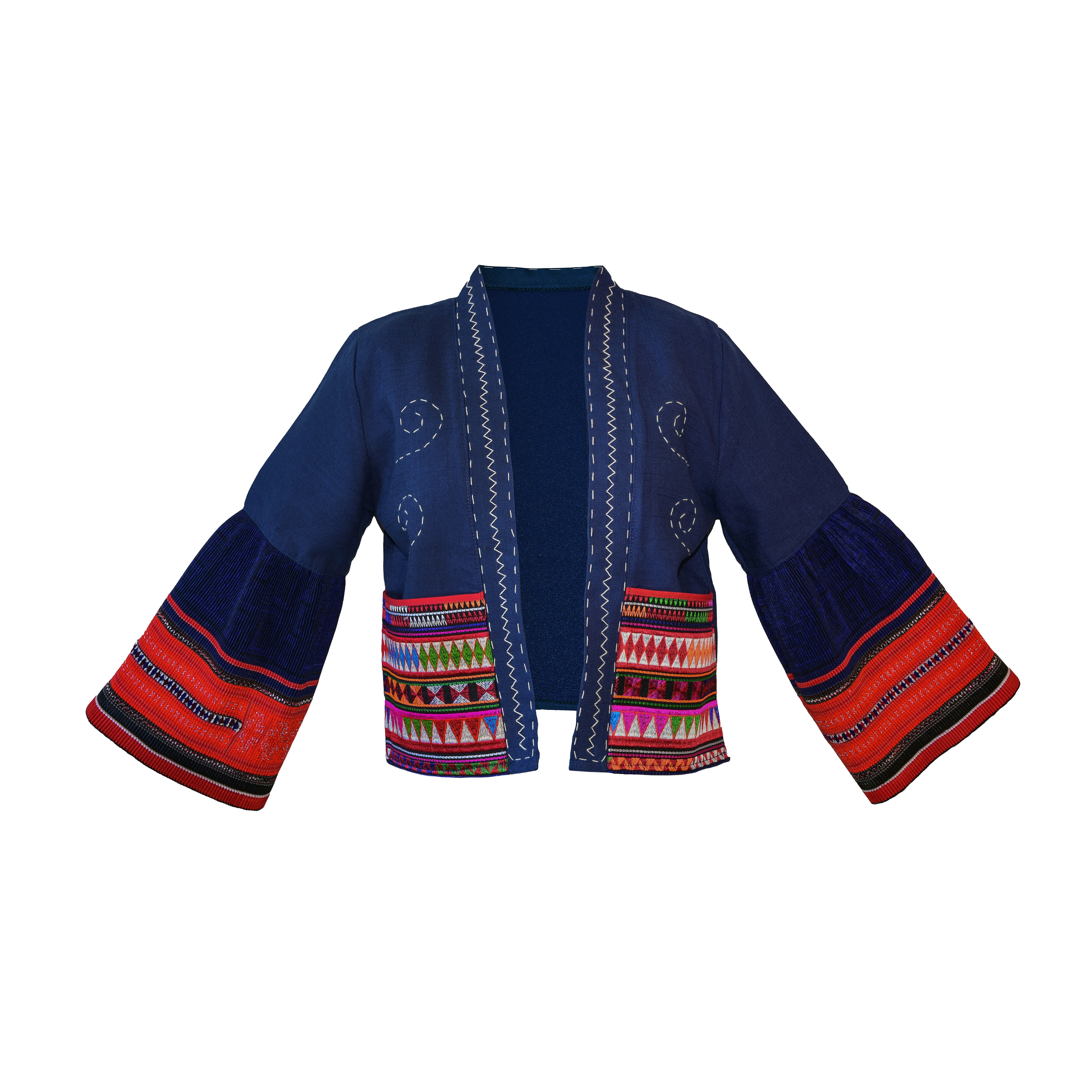 Moderne Hmong-Hanfjacke, handbestickt, dunkelblau