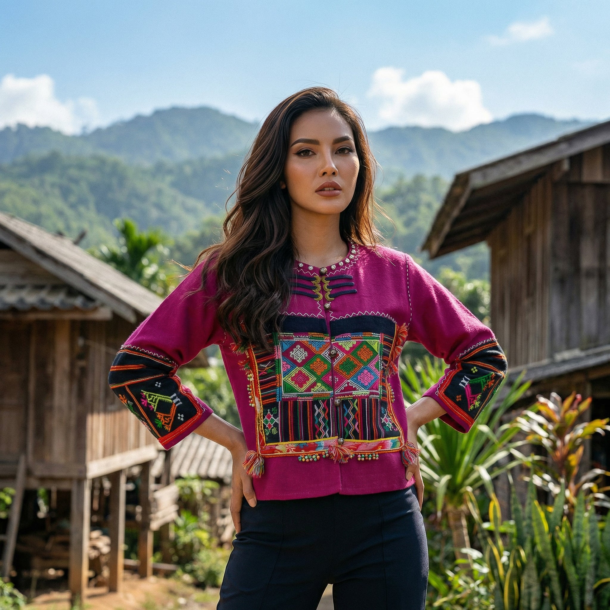 Veste en chanvre Hmong style moderne rose avec panneau de broderie et poignets de manches assortis
