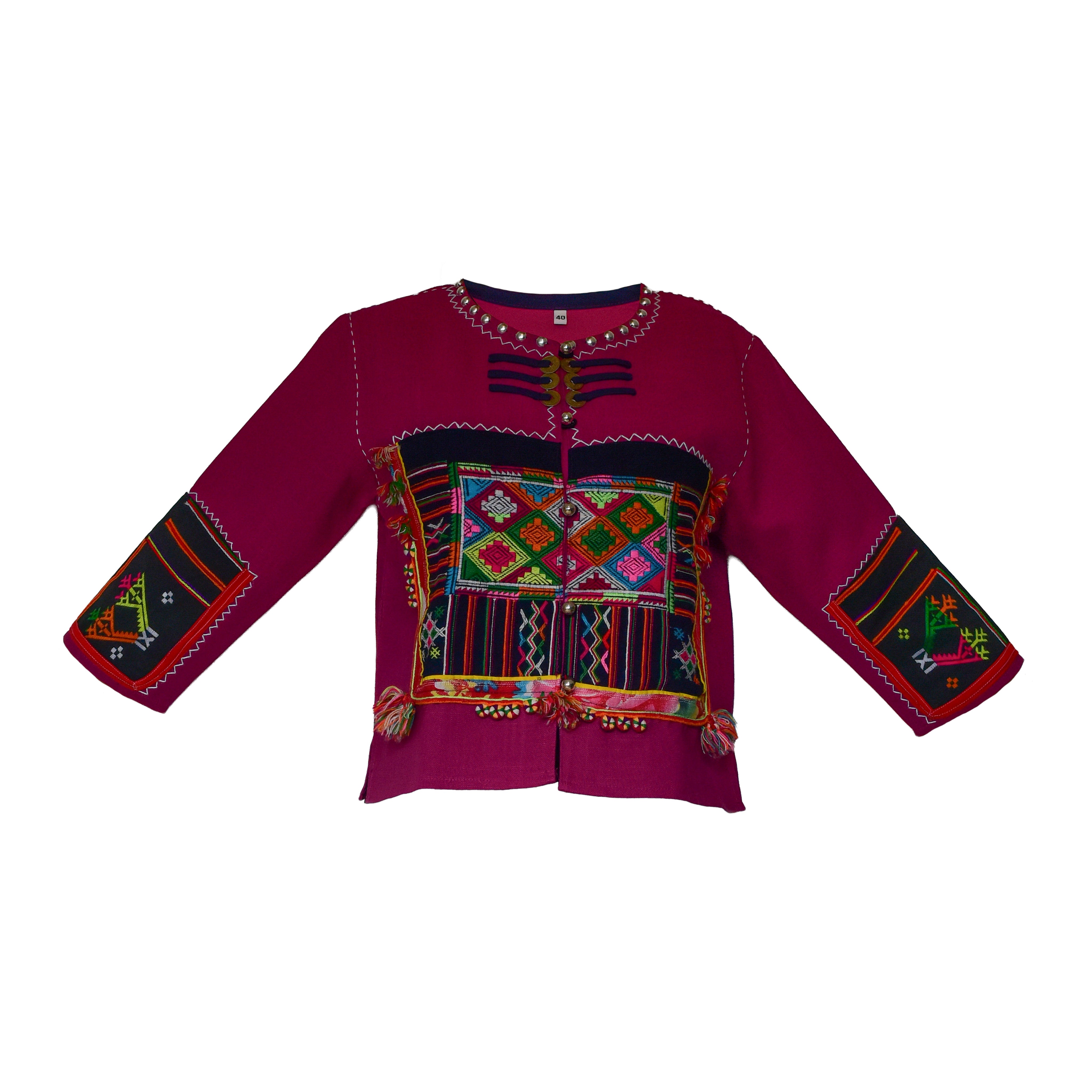Veste en chanvre Hmong style moderne rose avec panneau de broderie et poignets de manches assortis