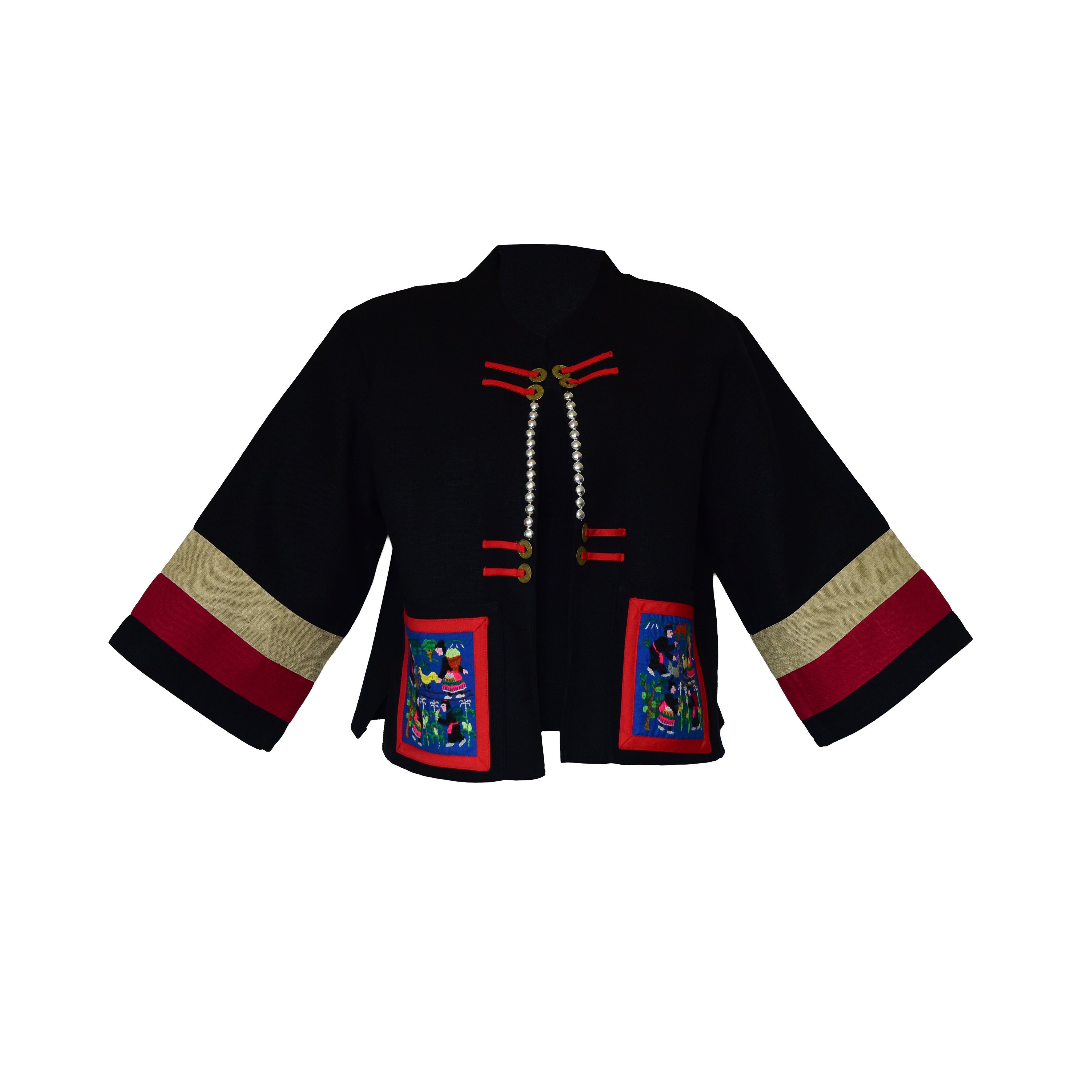 Moderne Hmong-Hanfjacke mit Stickereipaneelen