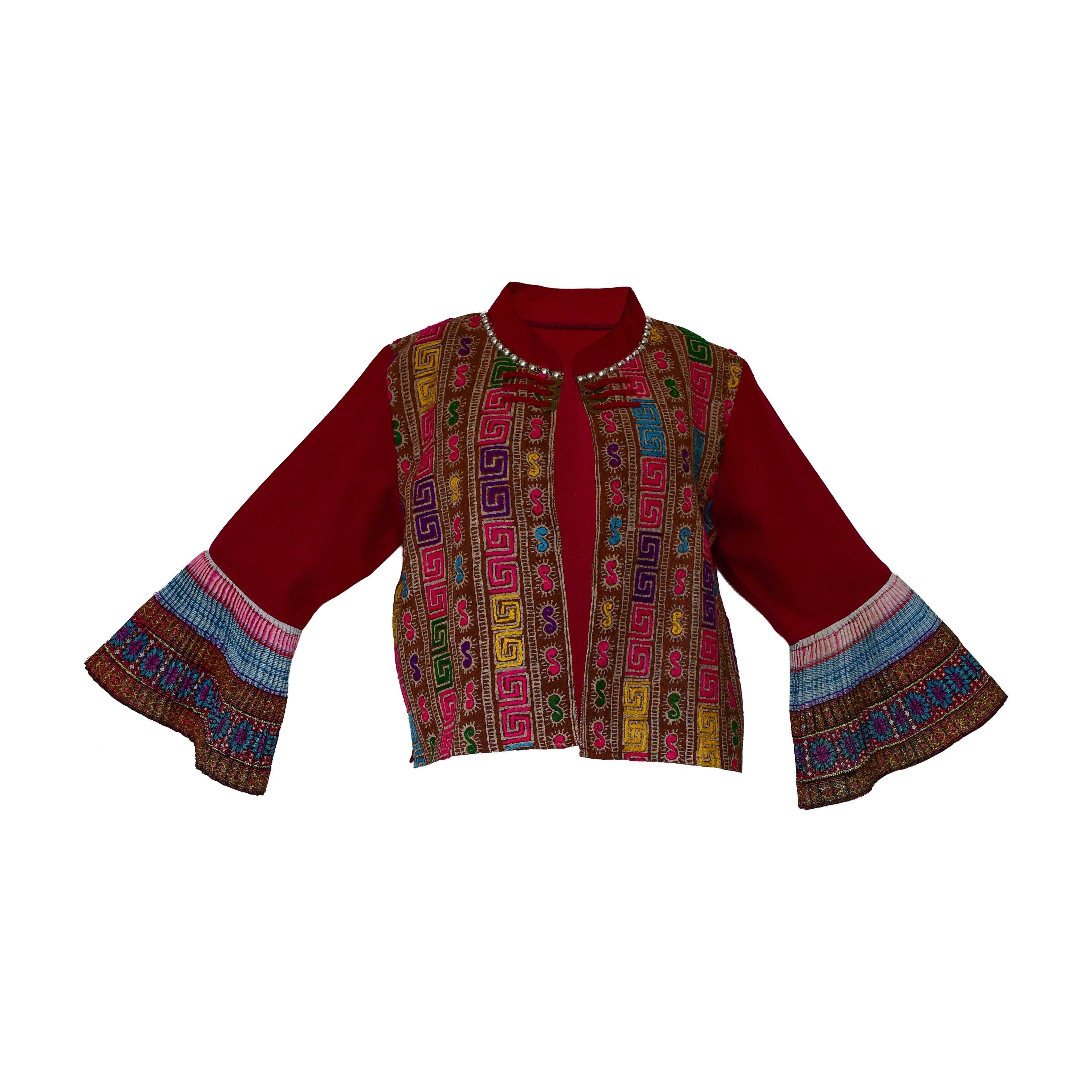 Moderne Hmong-Hanfjacke mit Stickerei-Panels und Glockenärmeln