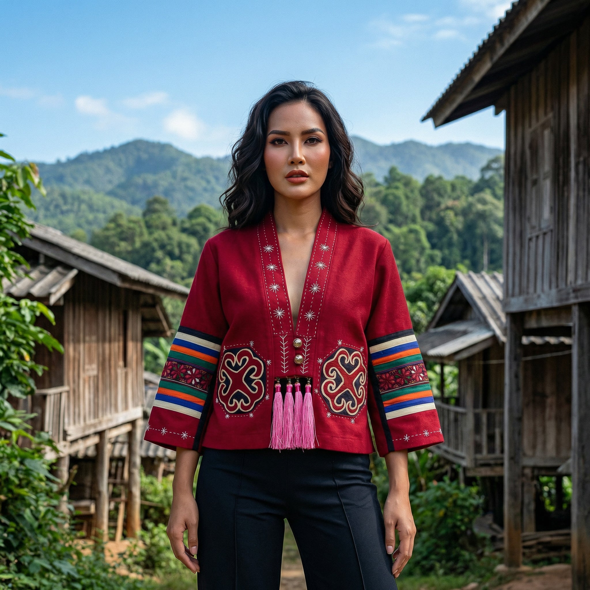 Moderne Hmong-Hanfjacke mit Handstickerei Rot
