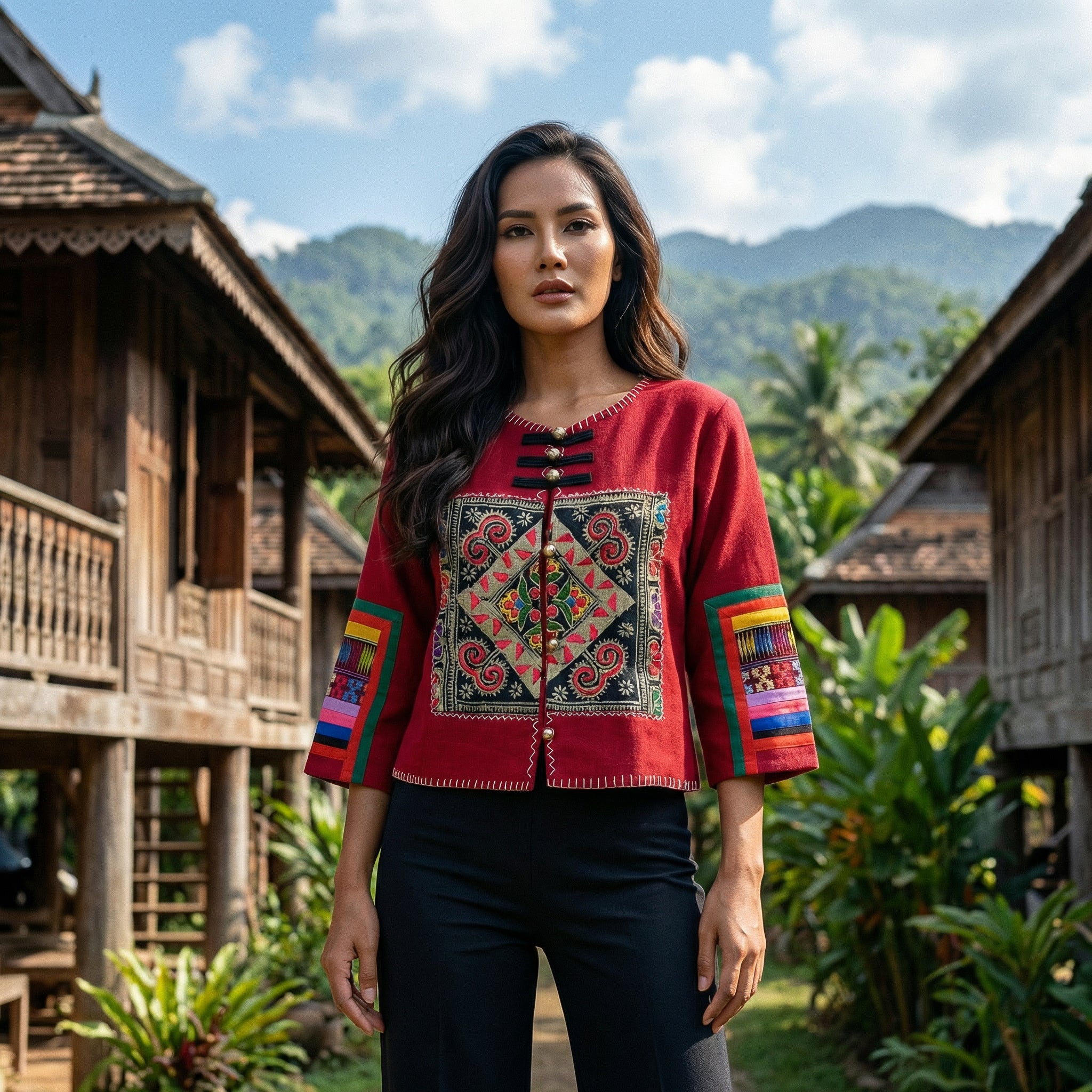 Moderne Hmong-Hanfjacke mit großem zentralem geometrischem Stickereipanel