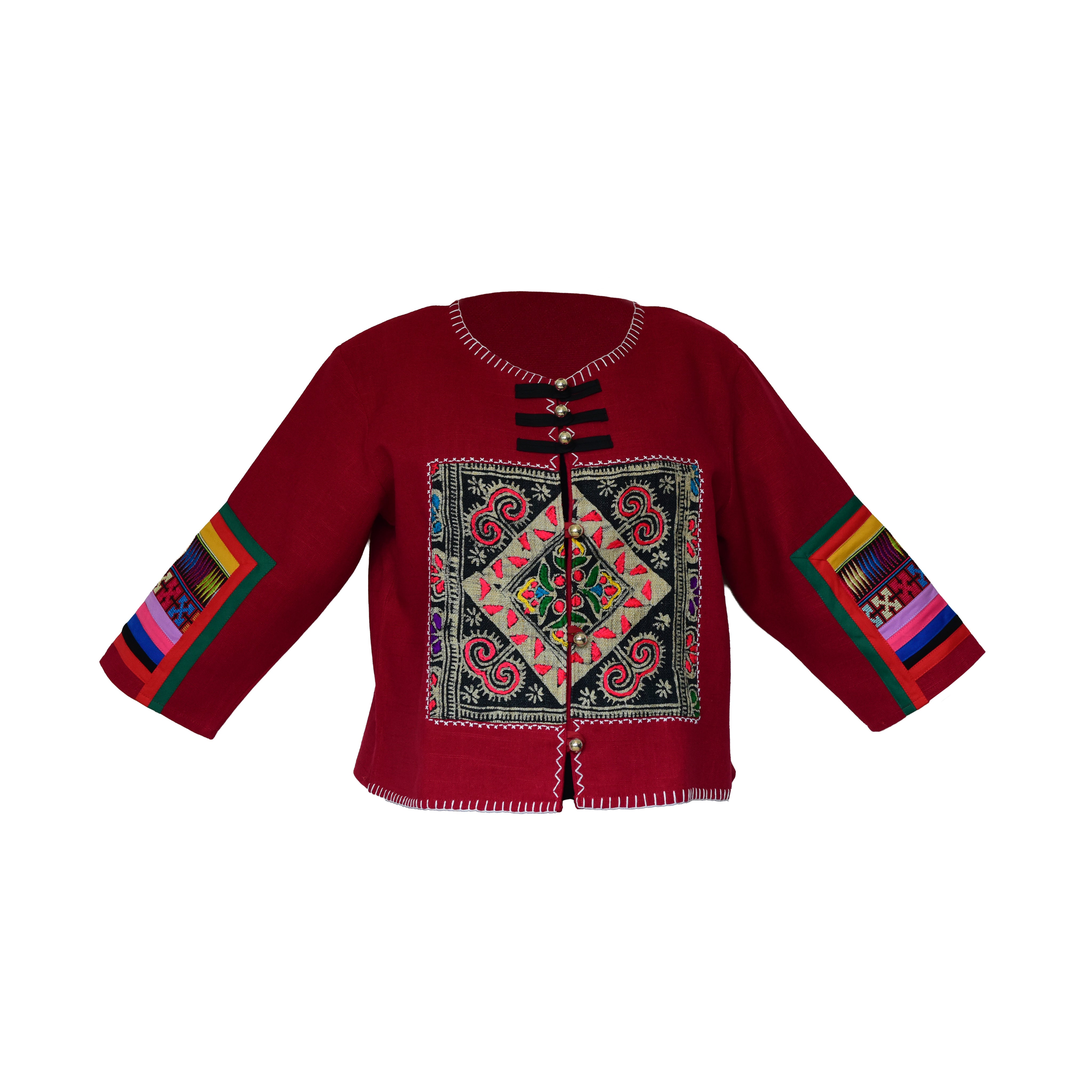 Moderne Hmong-Hanfjacke mit großem zentralem geometrischem Stickereipanel