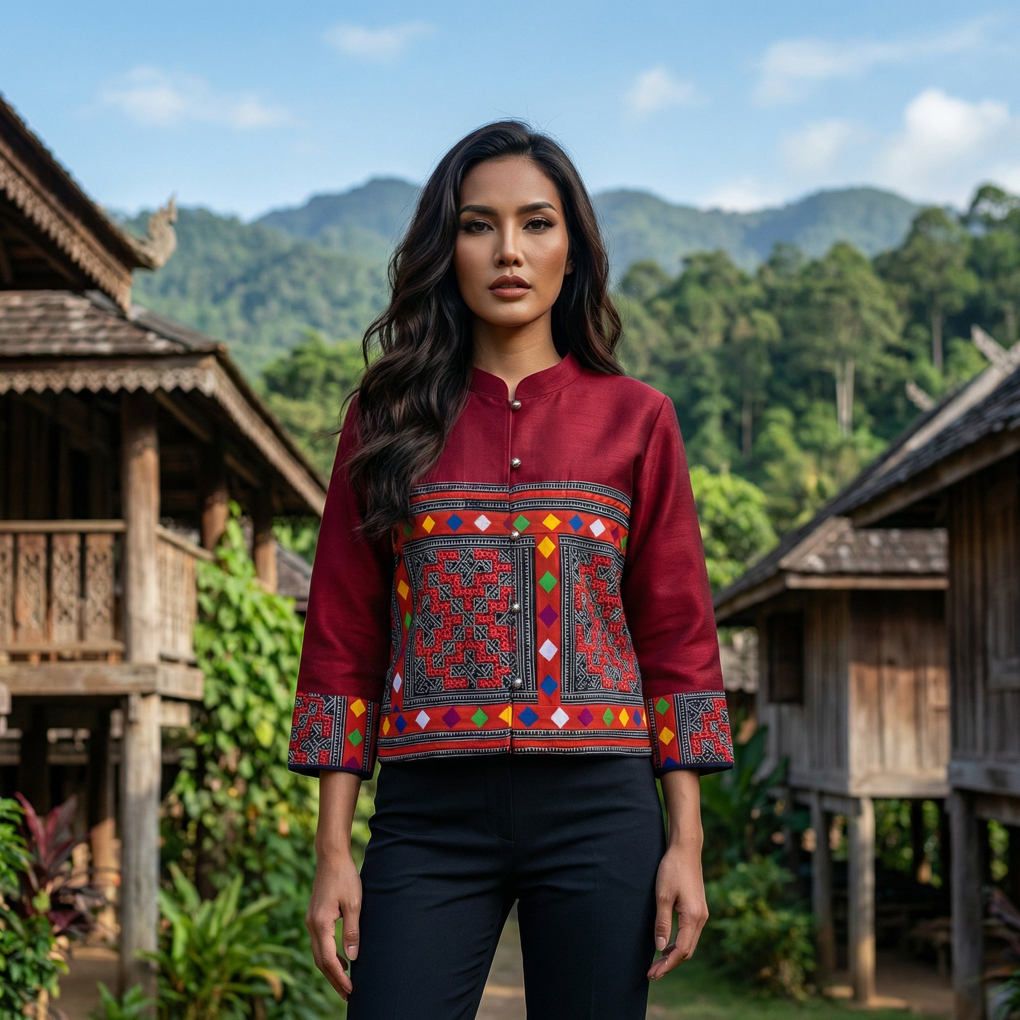 Moderne Hmong-Hanfjacke mit geometrischer Multicolor-Stickerei und passenden Ärmelbündchen