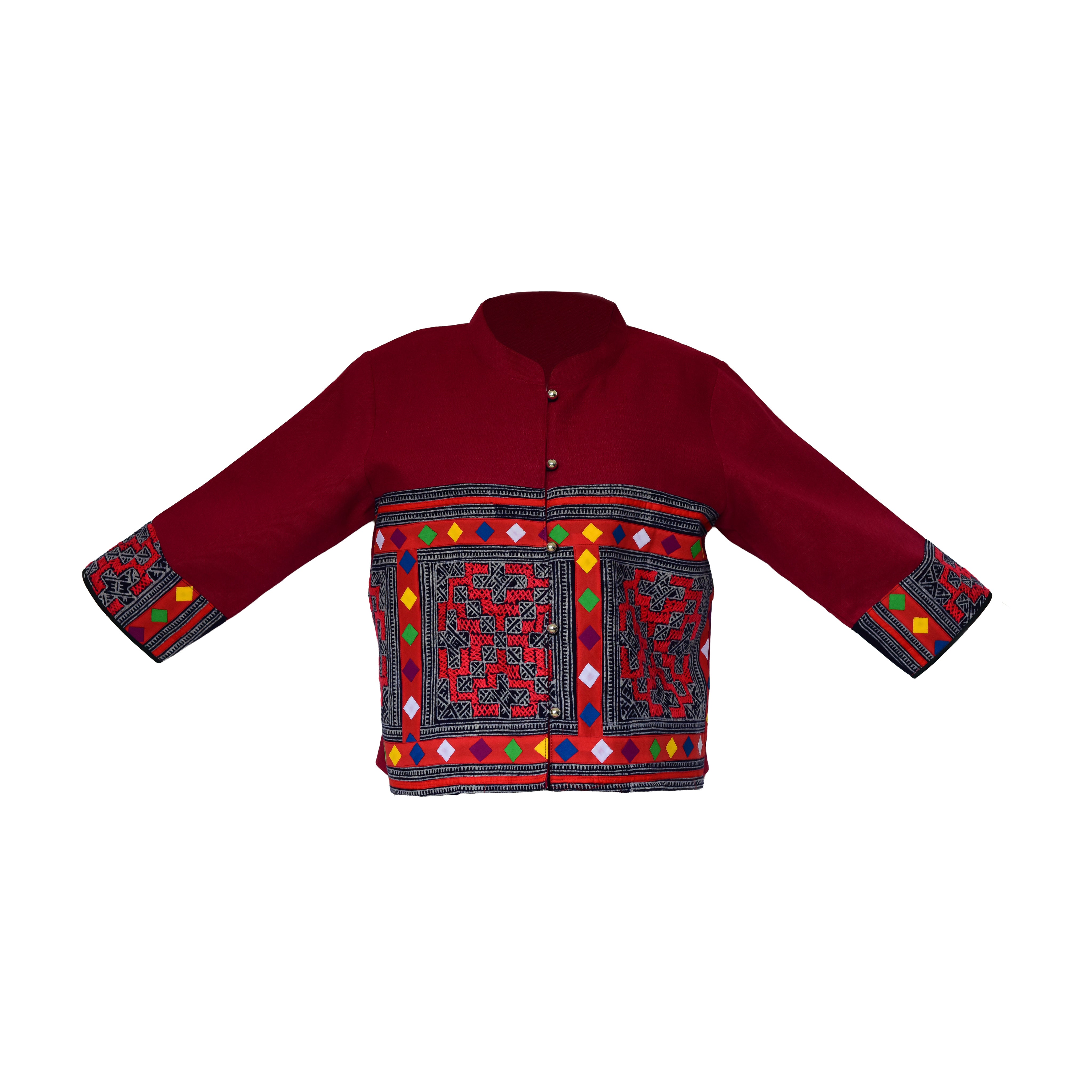 Moderne Hmong-Hanfjacke mit geometrischer Multicolor-Stickerei und passenden Ärmelbündchen