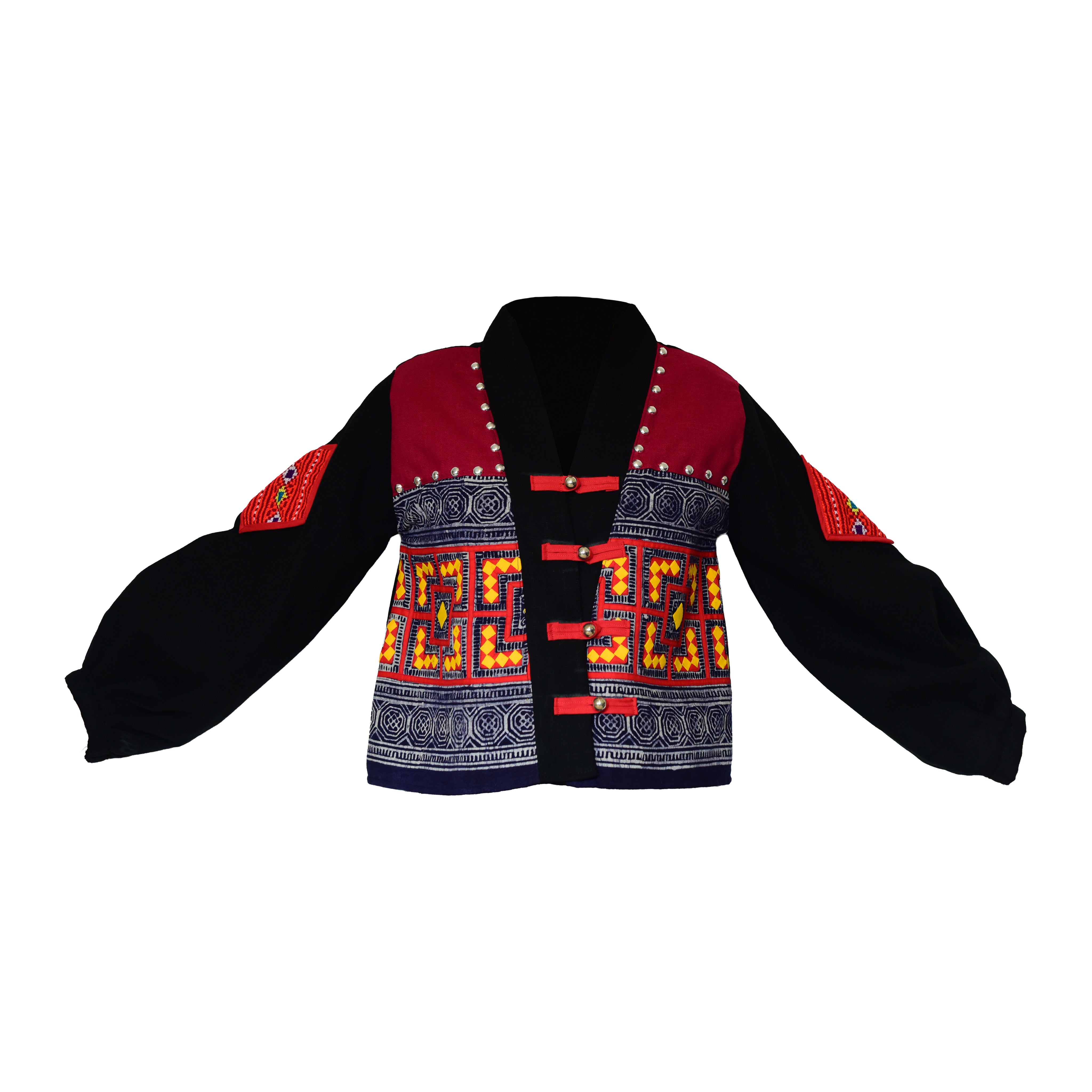 Moderne Hmong-Hanfjacke mit mehrfarbiger geometrischer Stickerei und roten Froschverschlüssen