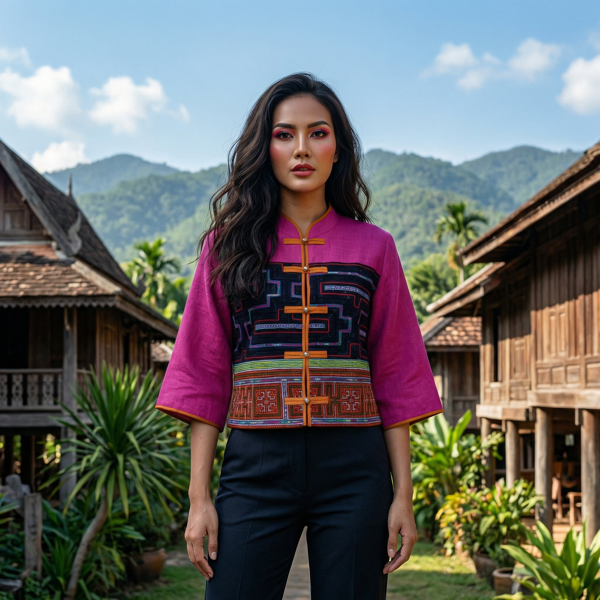 Moderne Hmong-Hanfjacke mit mehrfarbigem geometrischem Musterband