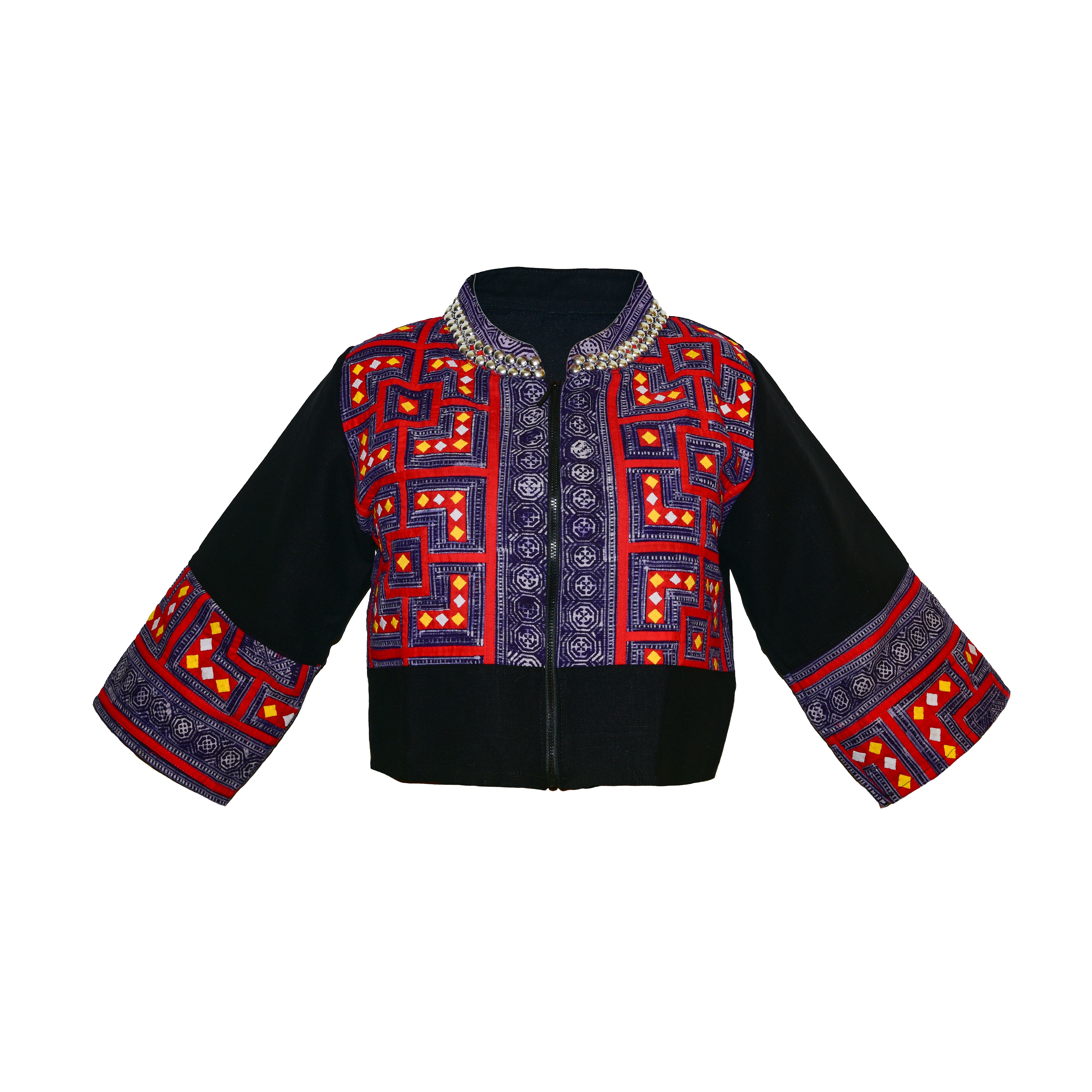 Moderne Hmong-Hanfjacke mit Reissverschluss, schwarz