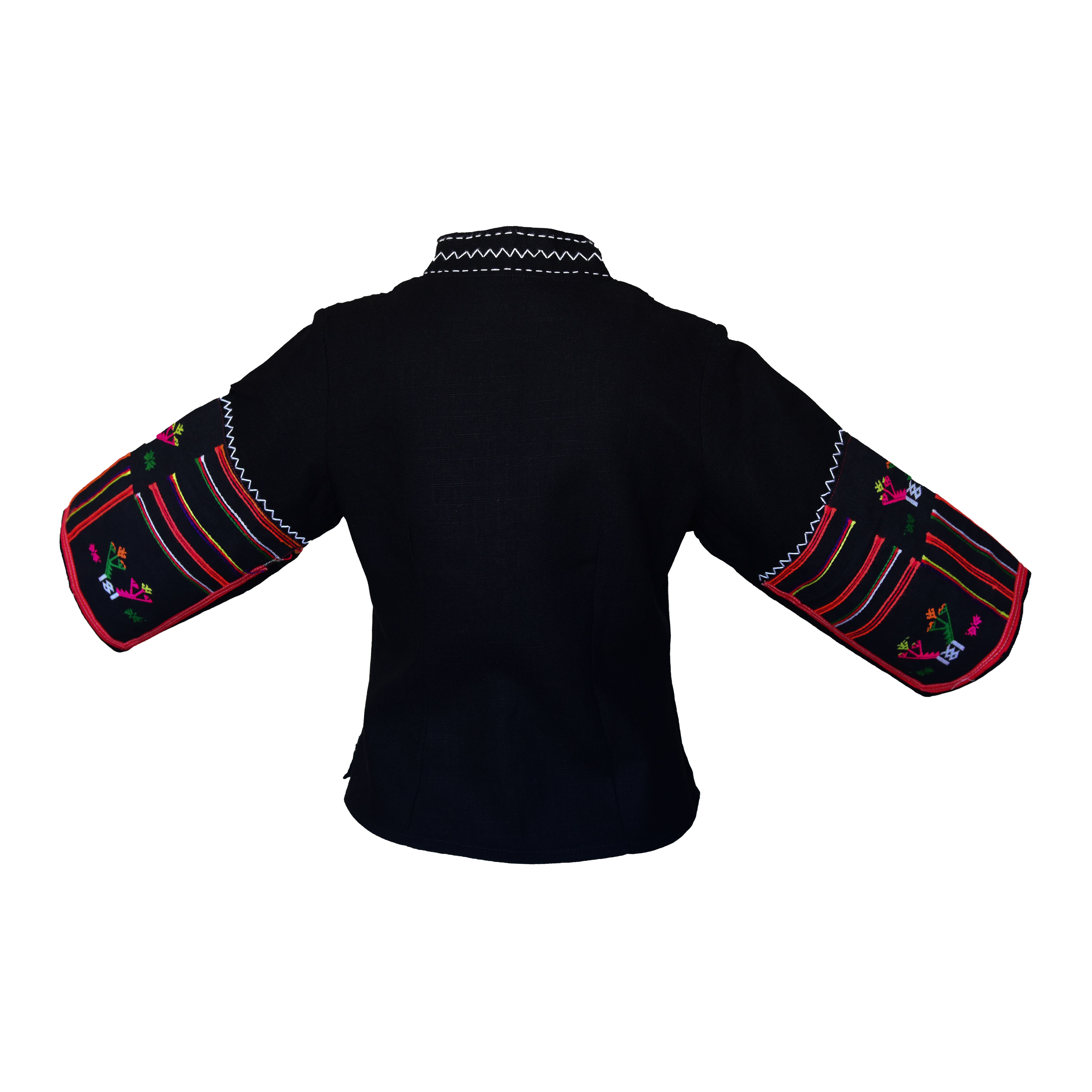 Haut Hmong de style moderne en chanvre noir avec grande broderie tourbillonnante violette et rouge, col en V et manches longues