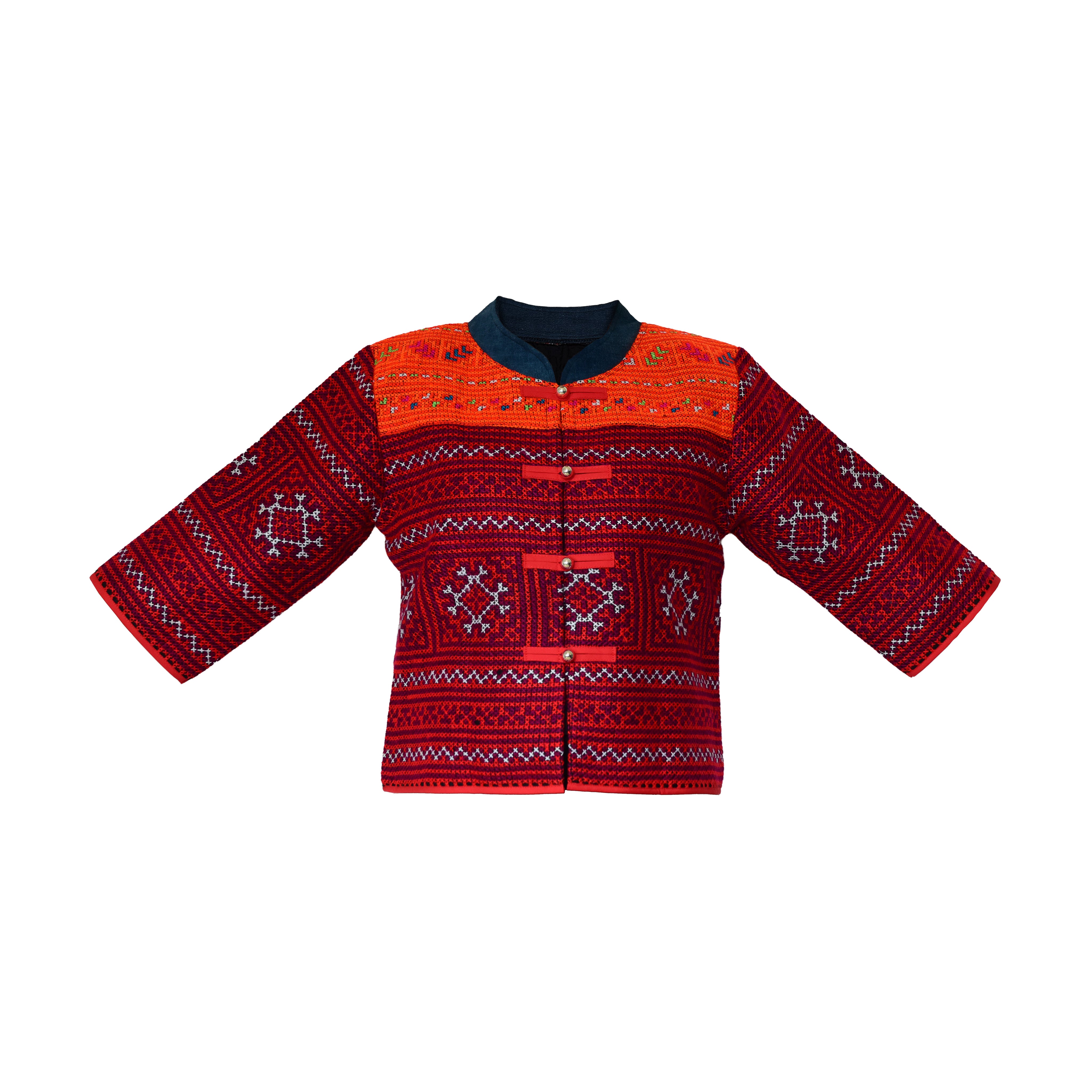 Moderne Hmong-Hanfjacke handbestickt mit Kreuzstich, rot