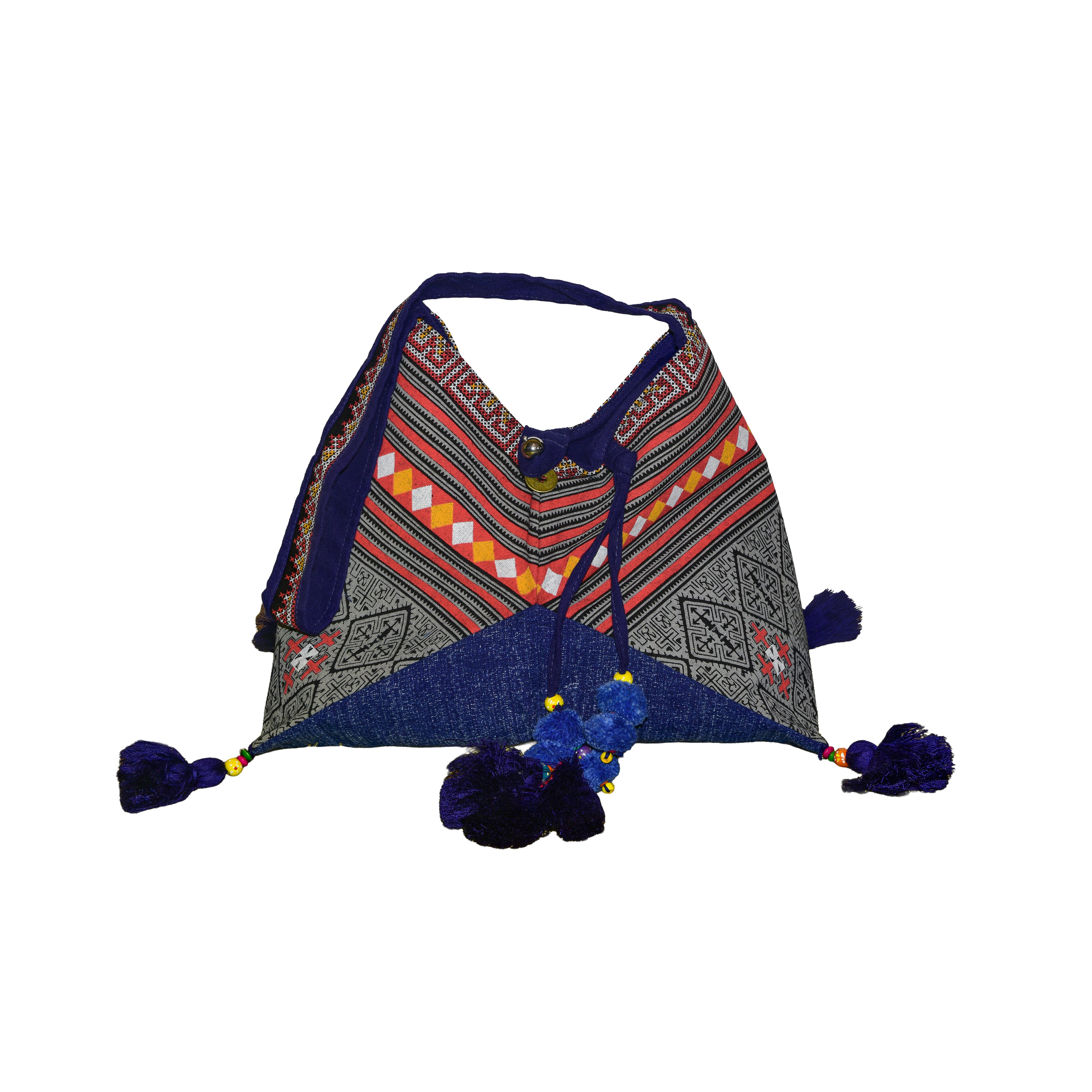 Sac bandoulière bleu foncé en tissu imprimé à motifs de tribus montagnardes