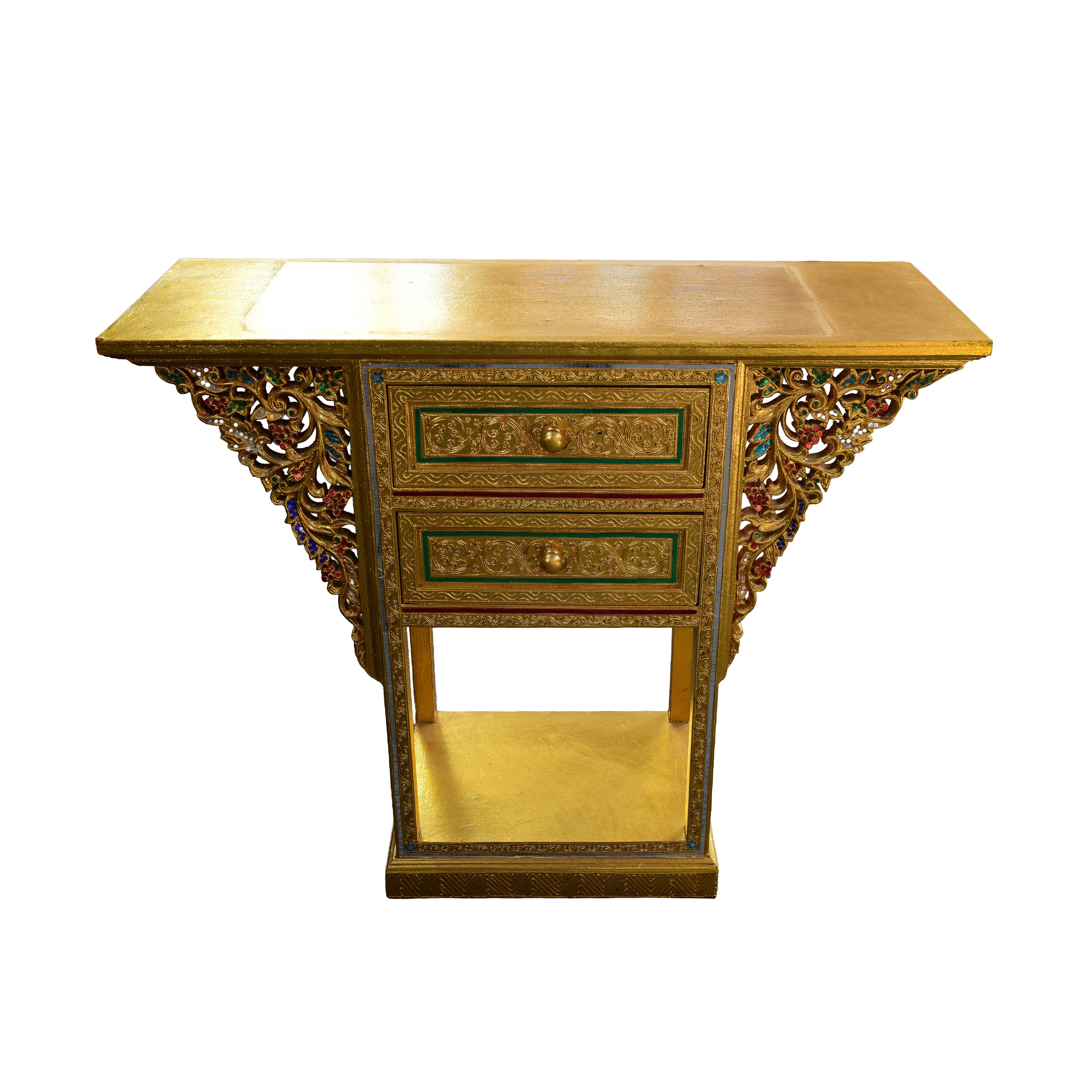 Table d'autel triangulaire Royal Lanna à 2 tiroirs - Édition Or