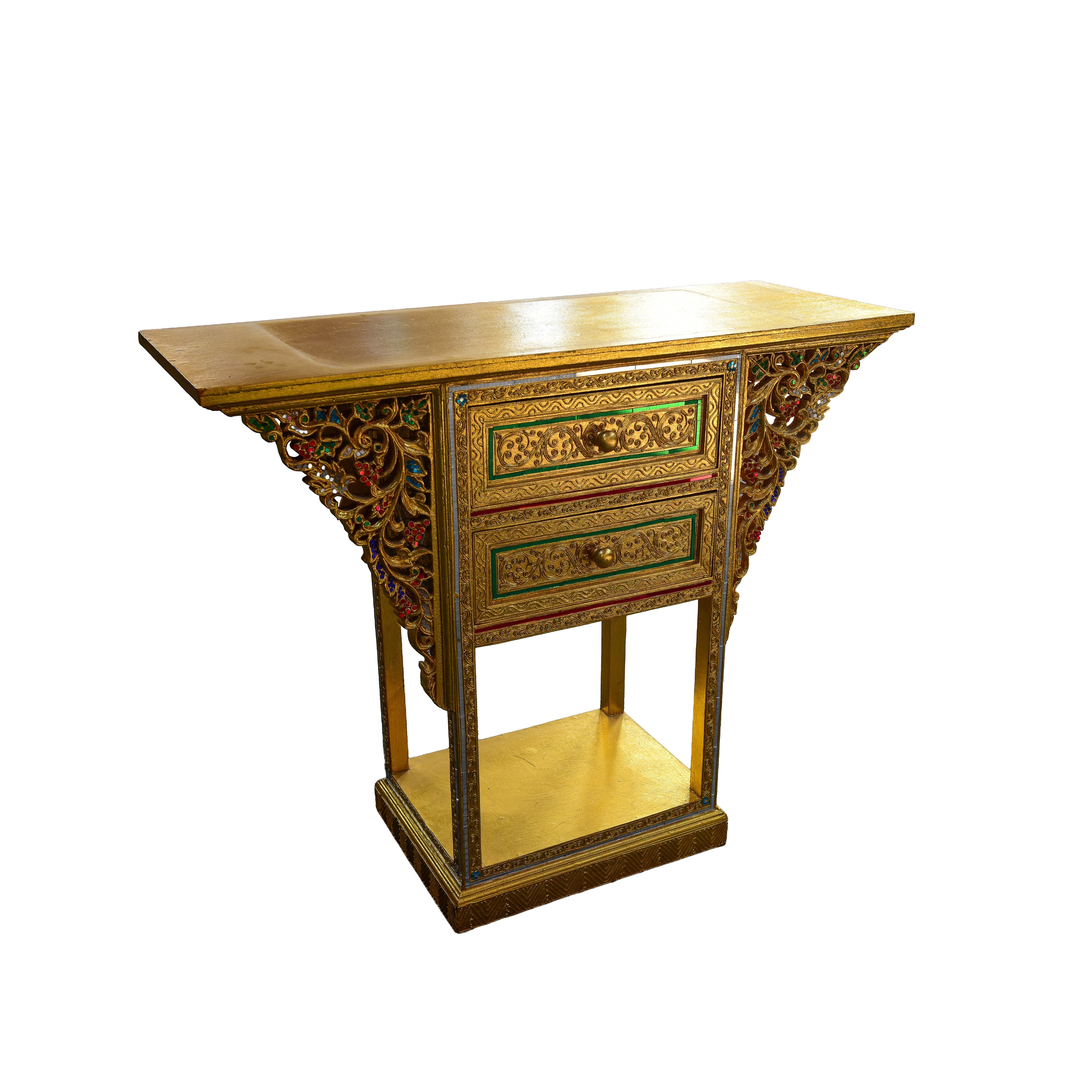 Table d'autel triangulaire Royal Lanna à 2 tiroirs - Édition Or
