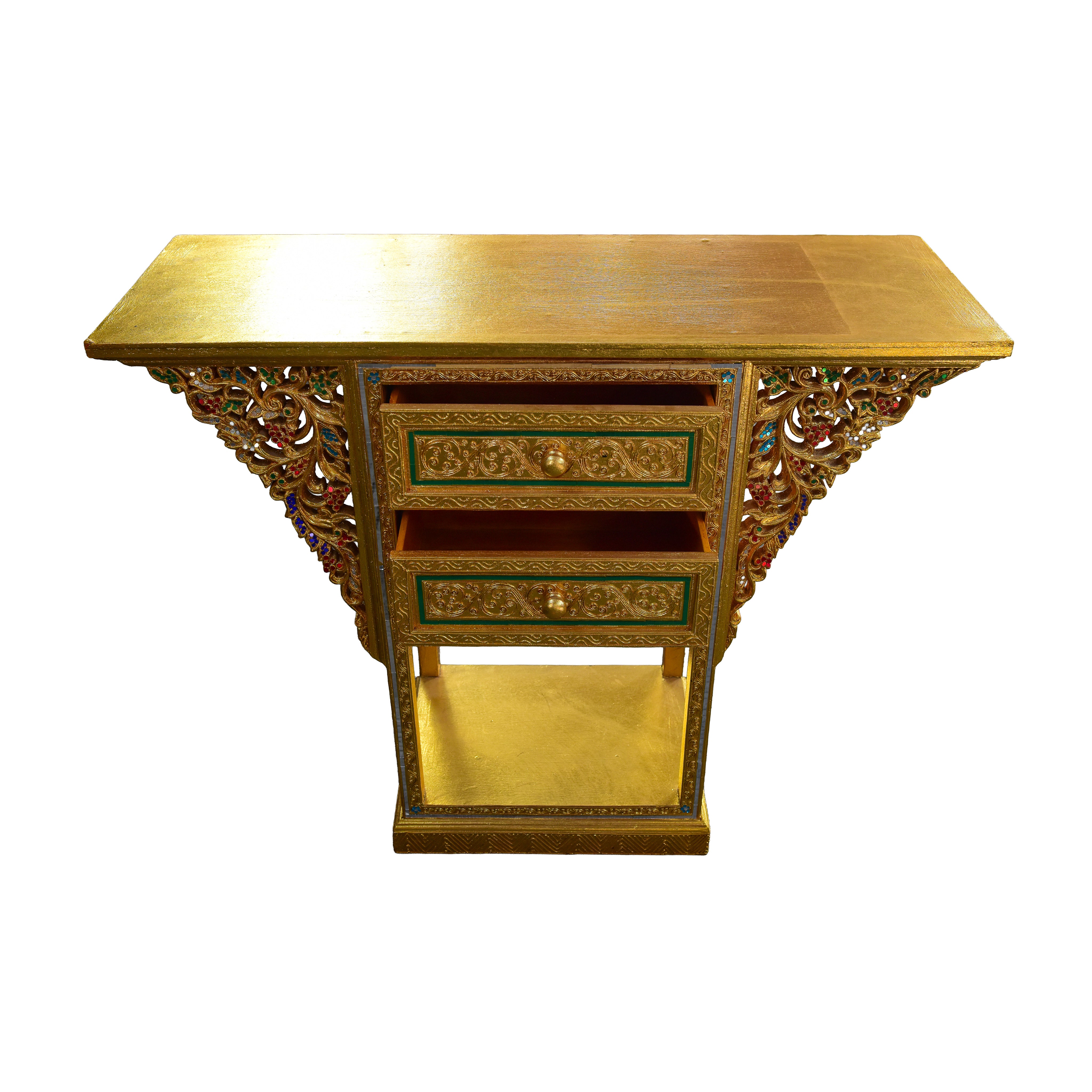Table d'autel triangulaire Royal Lanna à 2 tiroirs - Édition Or